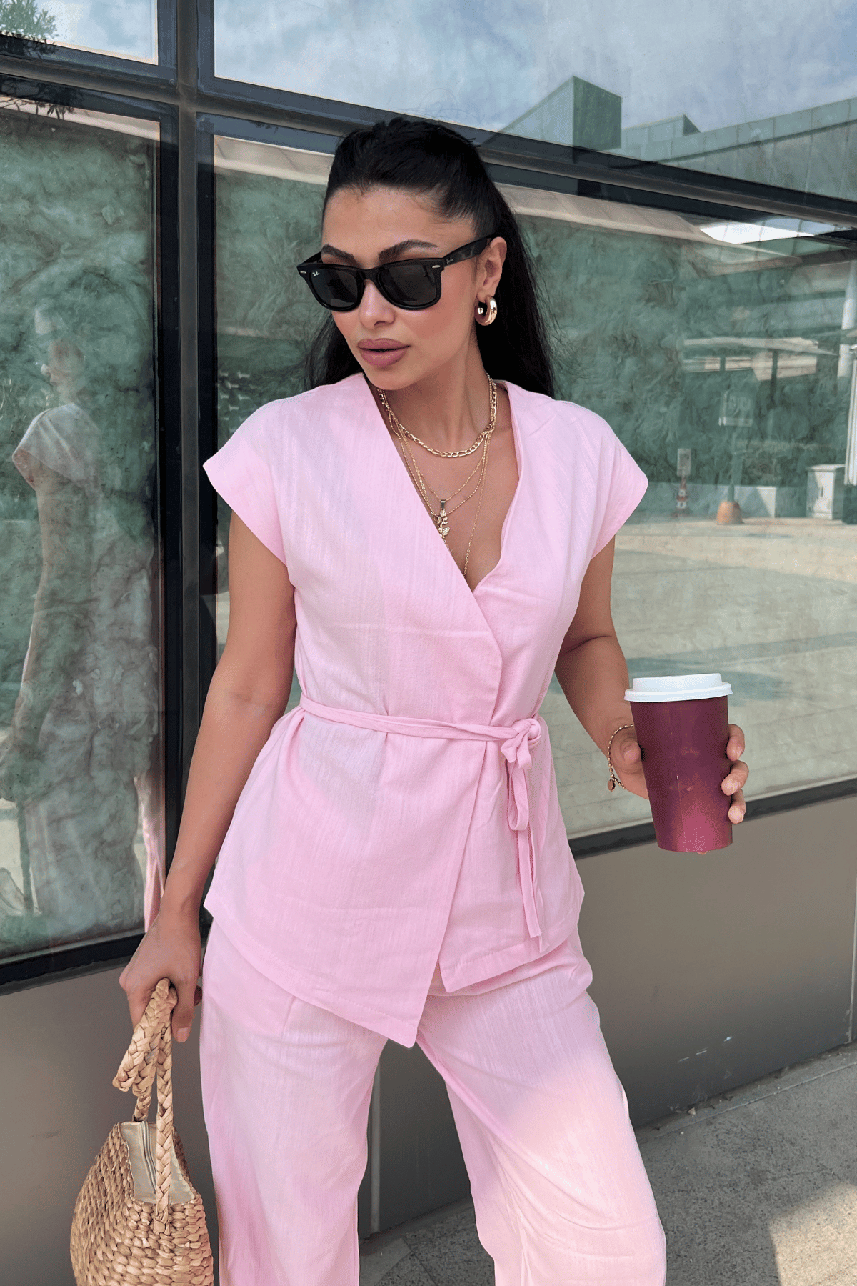 Pamuk Keten Kumaş Yelekli Takım - PEMBE