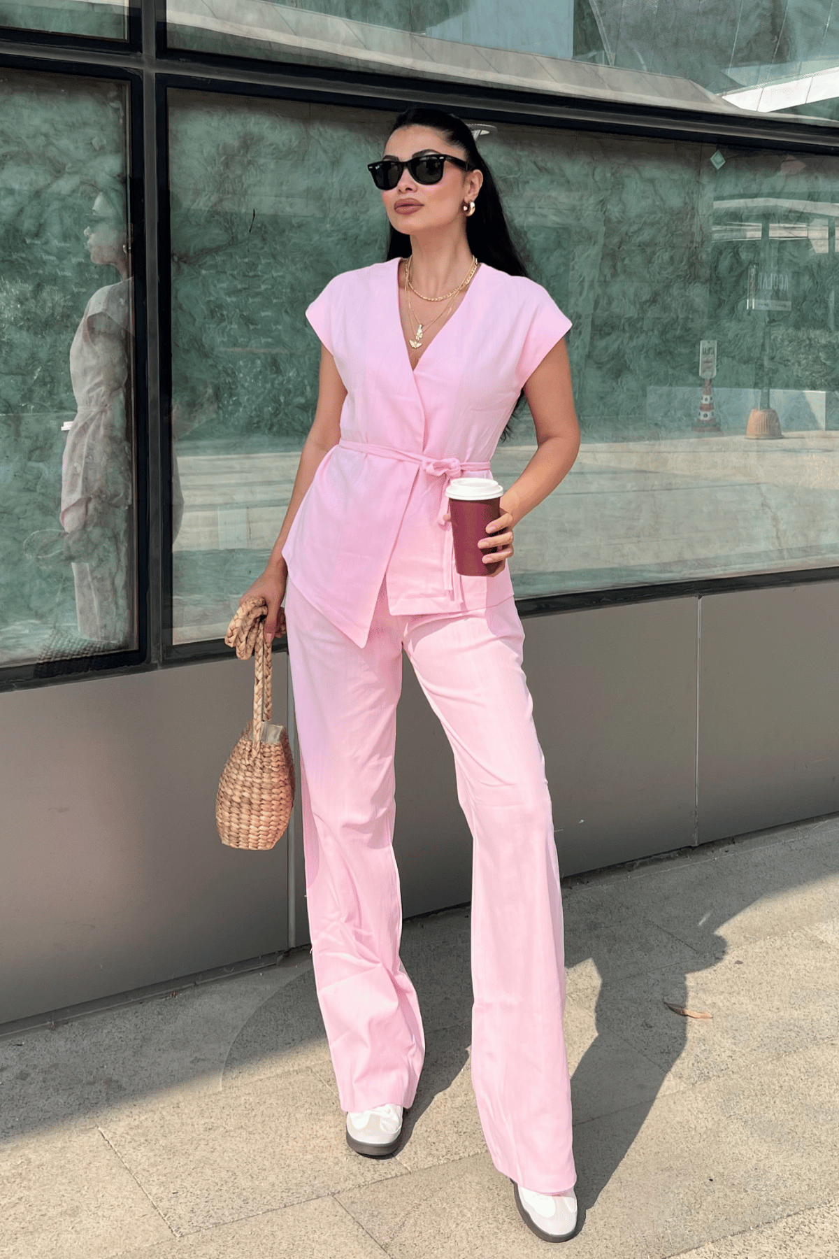 Pamuk Keten Kumaş Yelekli Takım - PEMBE