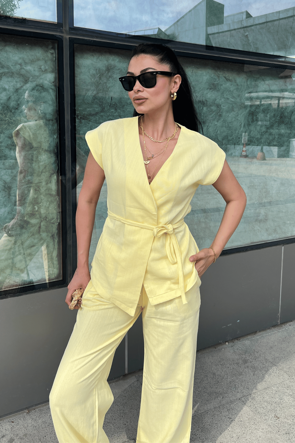 Pamuk Keten Kumaş Yelekli Takım - SARI