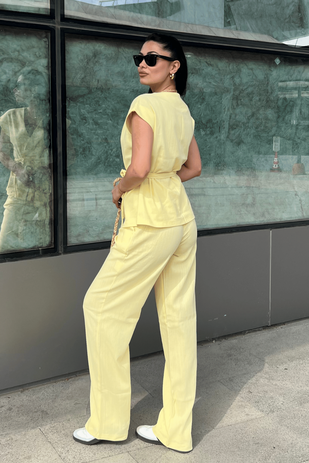 Pamuk Keten Kumaş Yelekli Takım - SARI