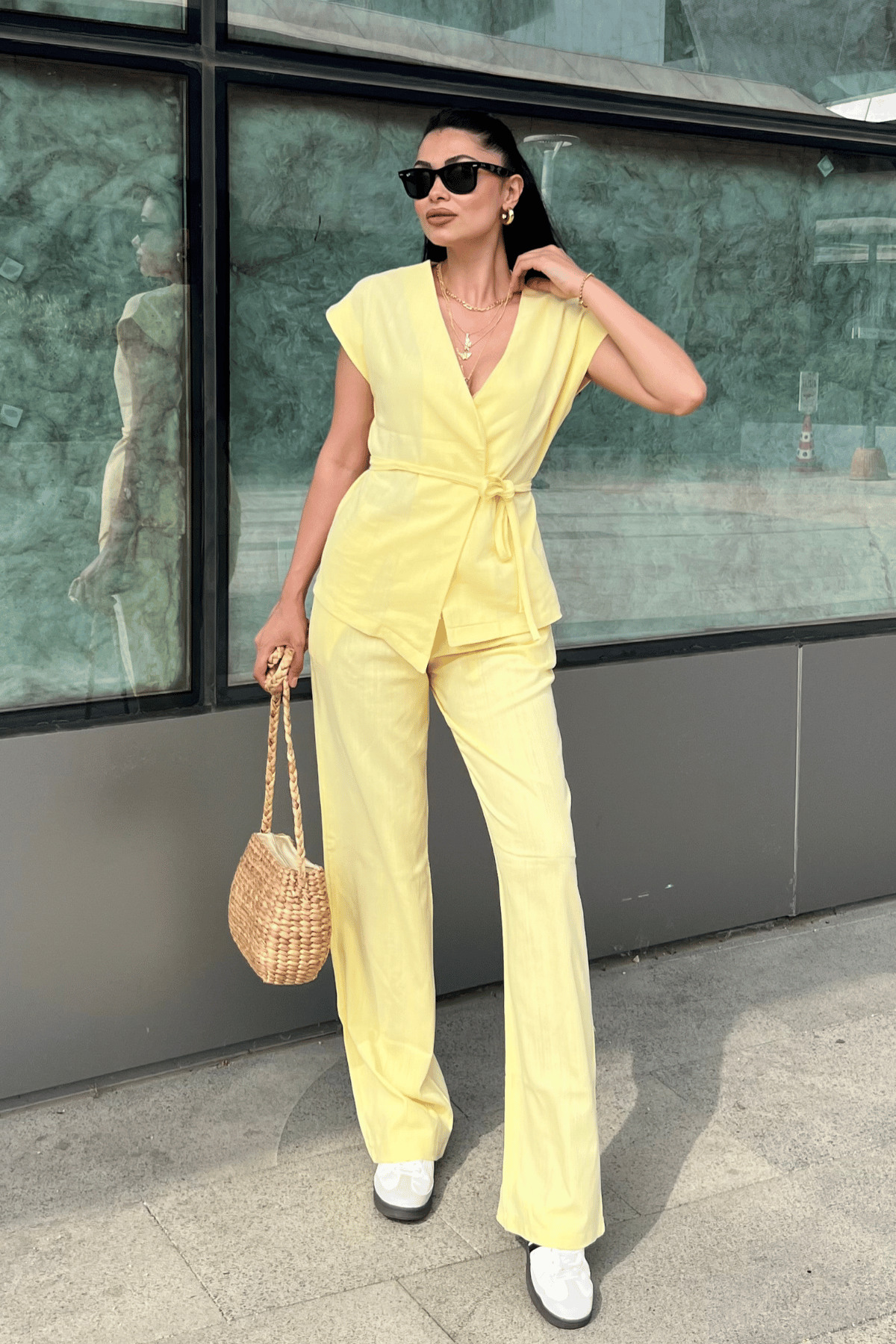 Pamuk Keten Kumaş Yelekli Takım - SARI