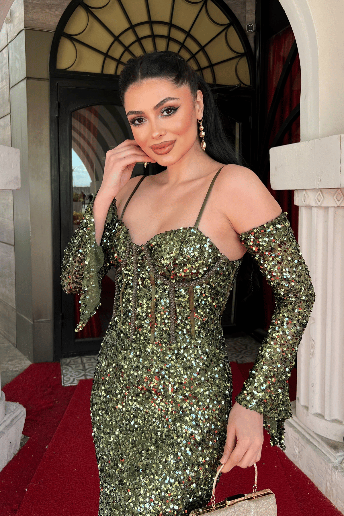 Payet Kumaş Balenli Abiye Elbise - HAKİ YEŞİLİ