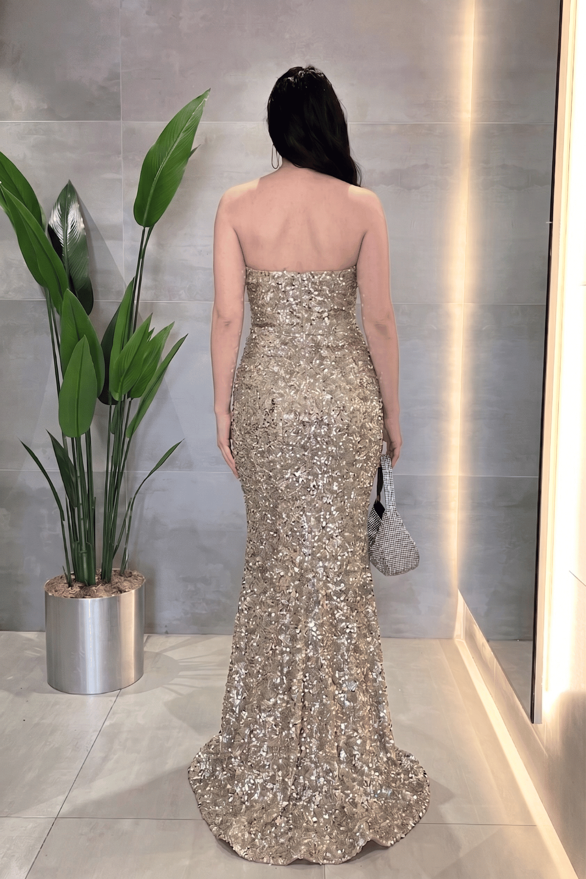 Payet Kumaş Drape Detaylı Abiye Elbise - GOLD