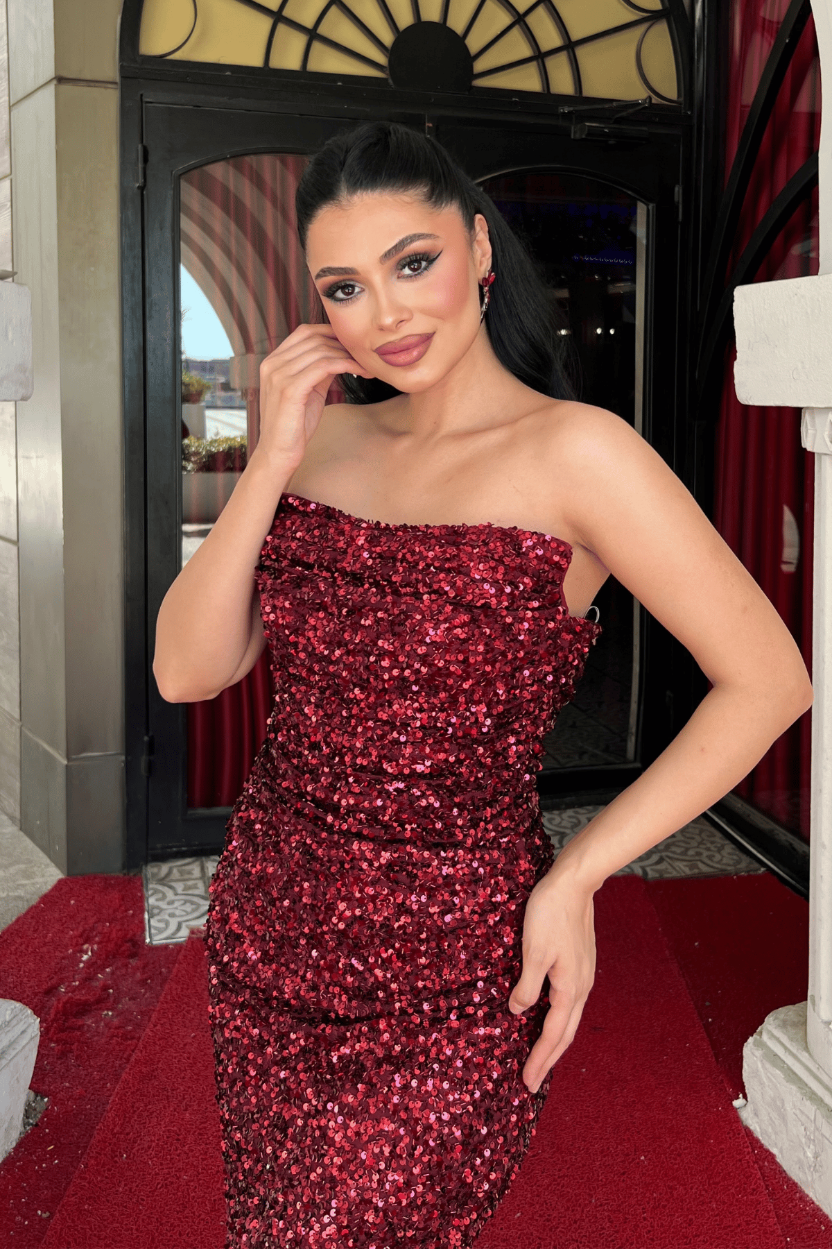 Payet Kumaş Drape Detaylı Abiye Elbise - BORDO
