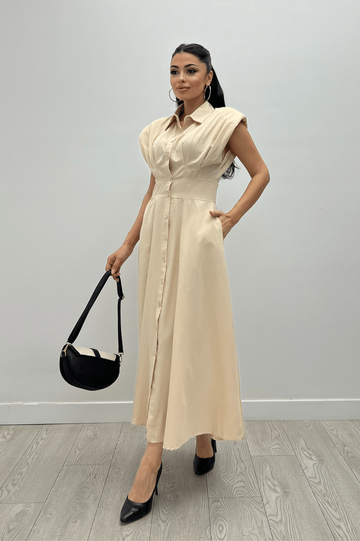 Poplin Kumaş Düğme Detaylı Elbise - KREM