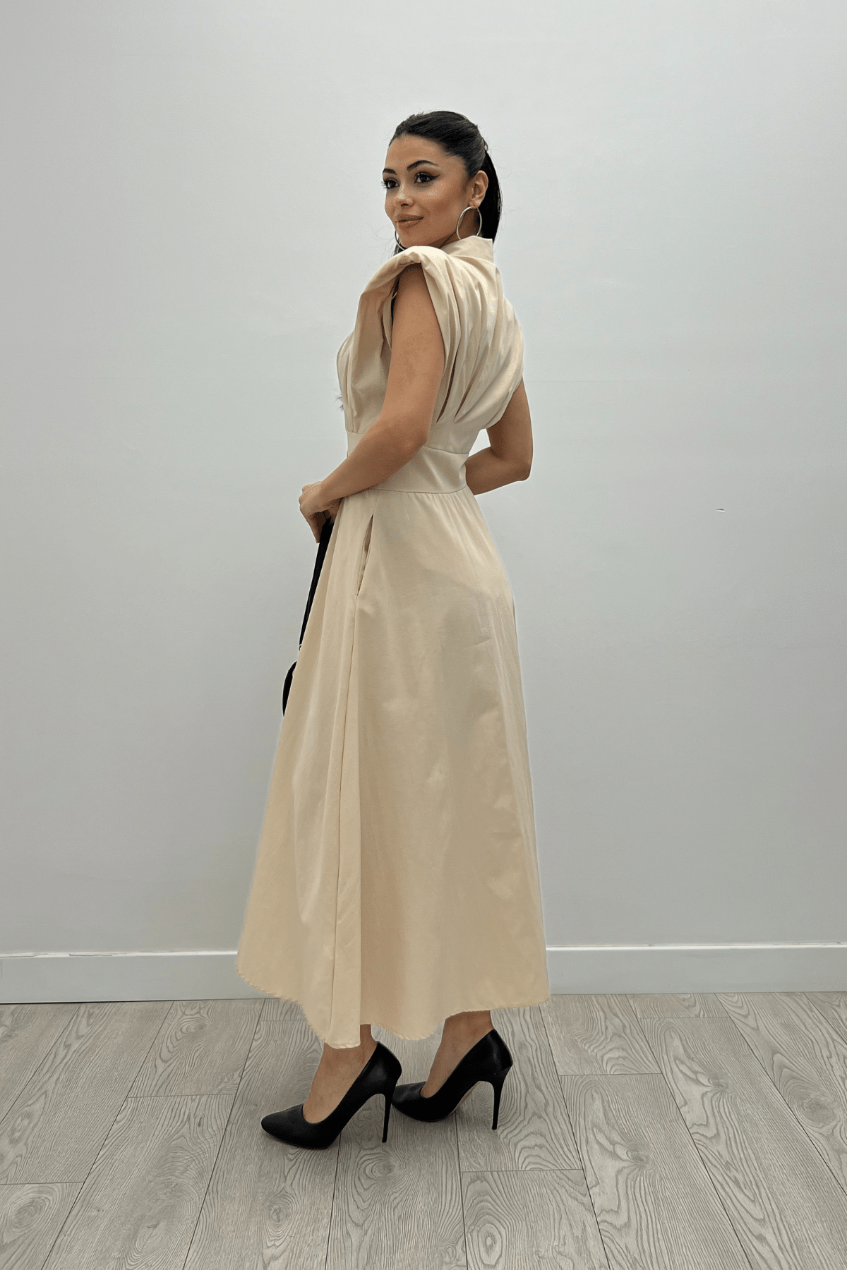 Poplin Kumaş Düğme Detaylı Elbise - KREM