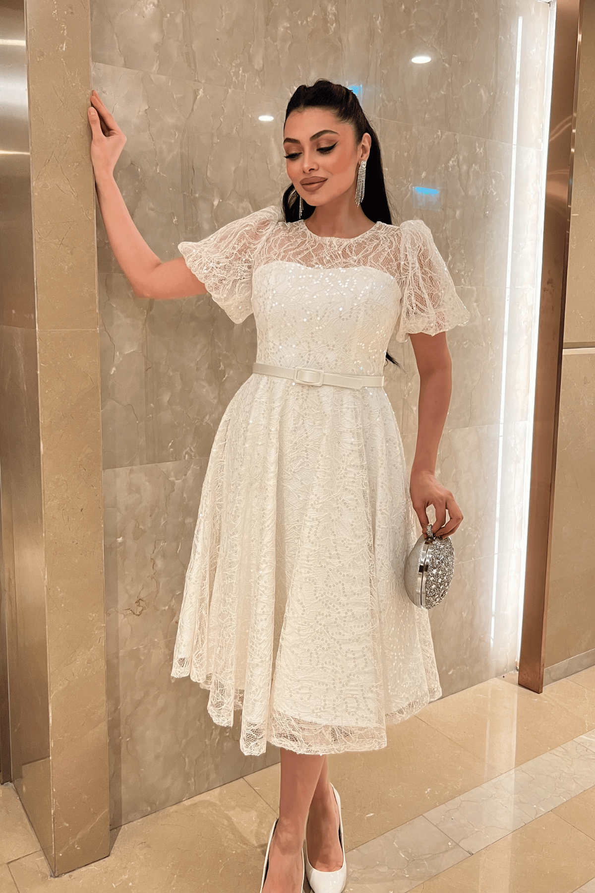 Pul Payet Kumaş Balon Kol Midi Elbise - BEYAZ