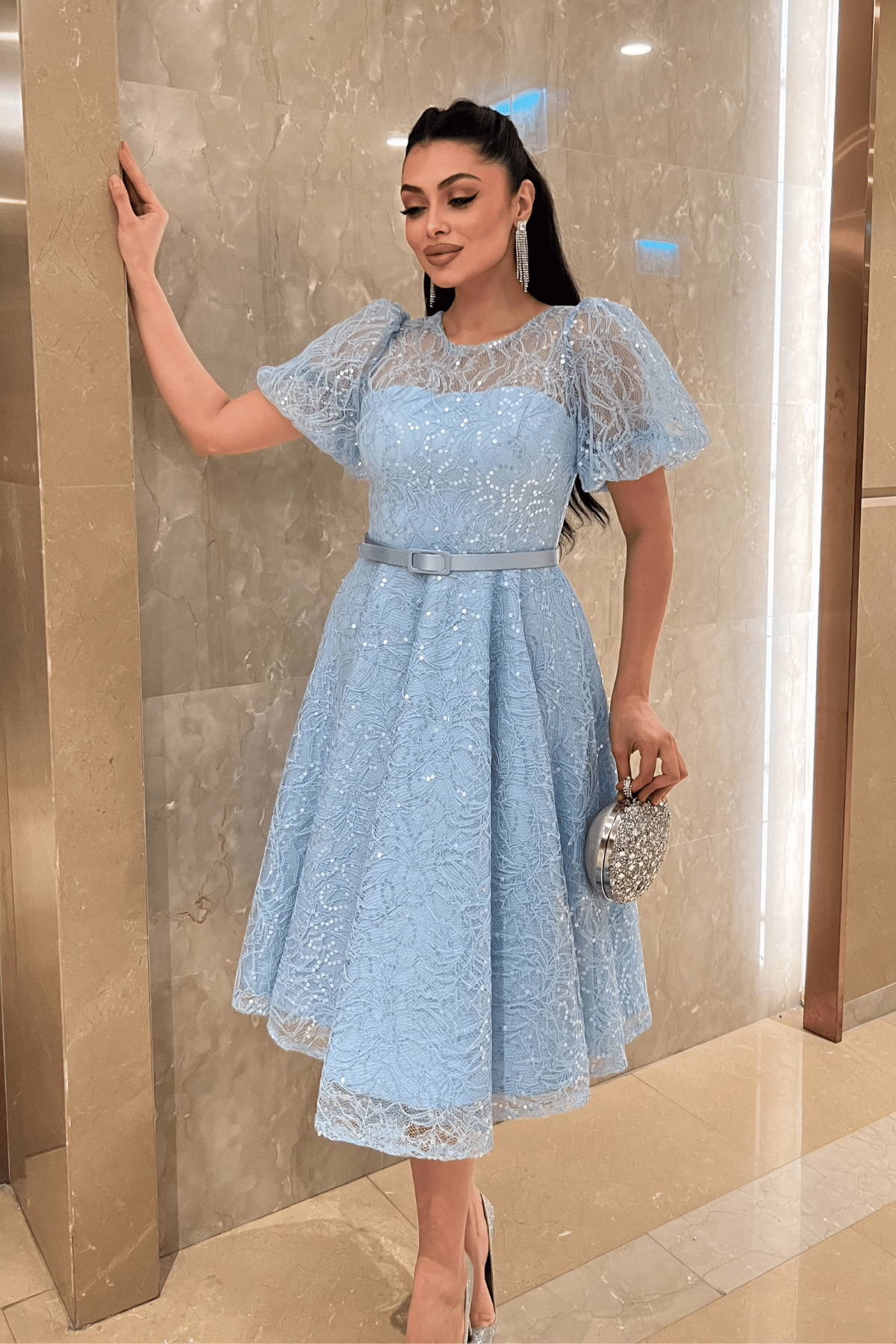 Pul Payet Kumaş Balon Kol Midi Elbise - BEBE MAVİSİ