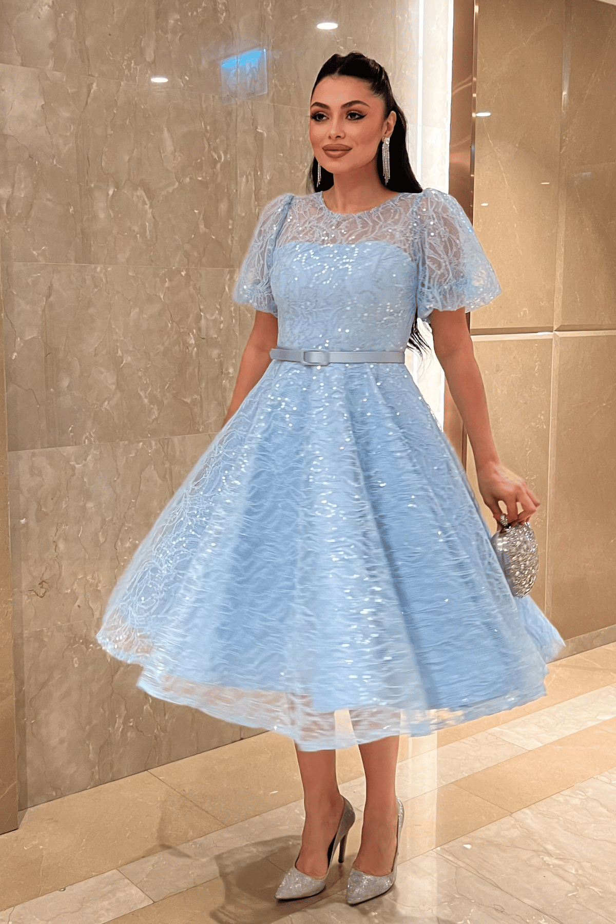 Pul Payet Kumaş Balon Kol Midi Elbise - BEBE MAVİSİ