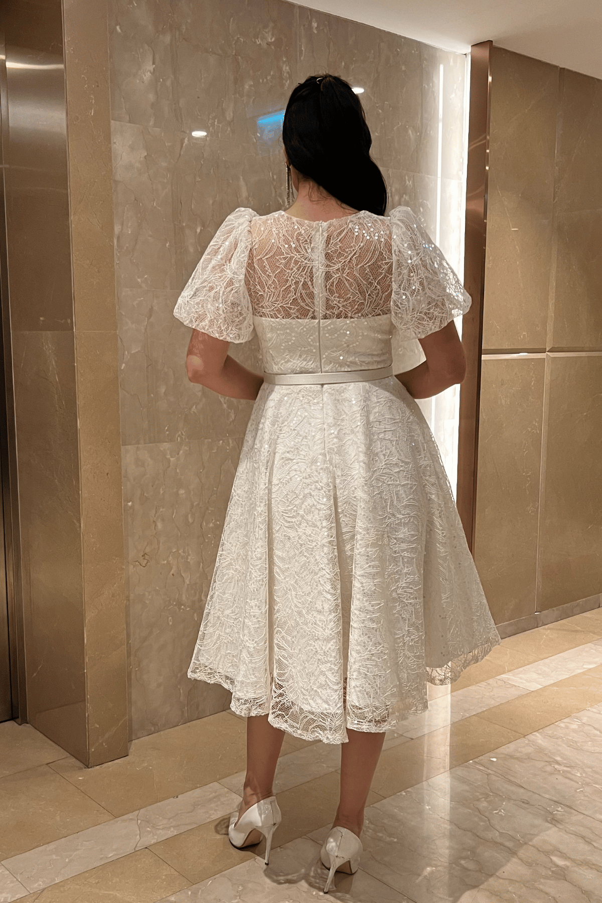 Pul Payet Kumaş Balon Kol Midi Elbise - BEYAZ