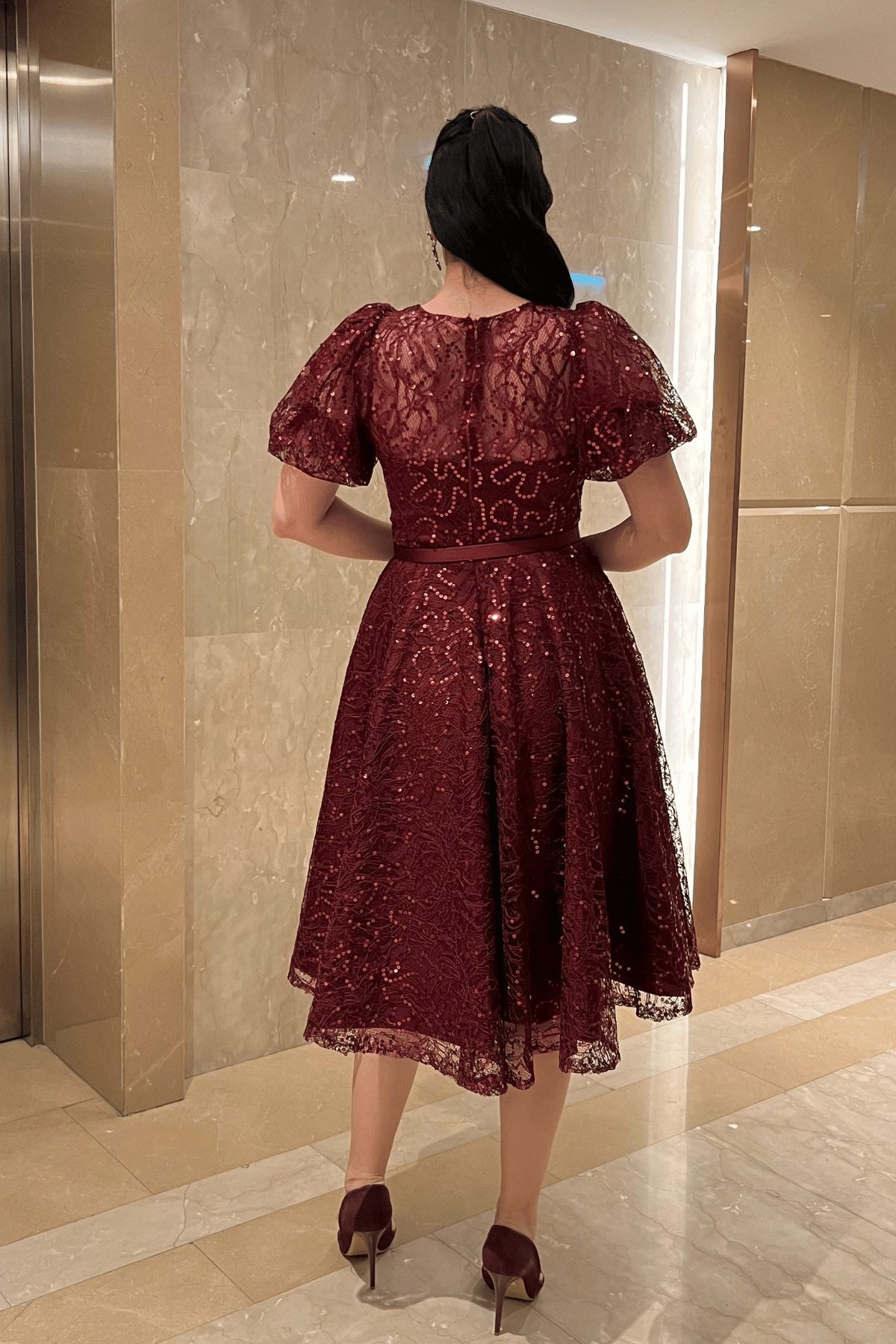 Pul Payet Kumaş Balon Kol Midi Elbise - BORDO