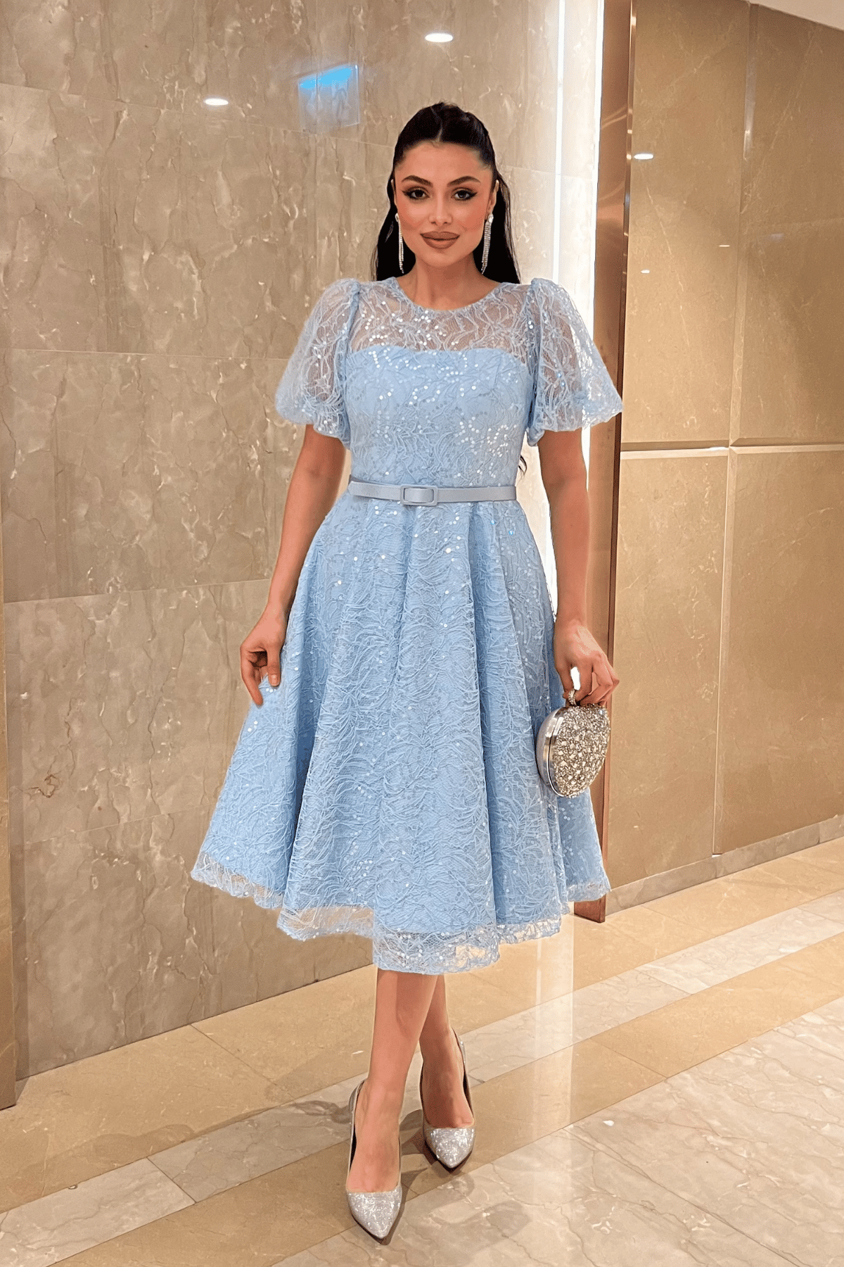 Pul Payet Kumaş Balon Kol Midi Elbise - BEBE MAVİSİ