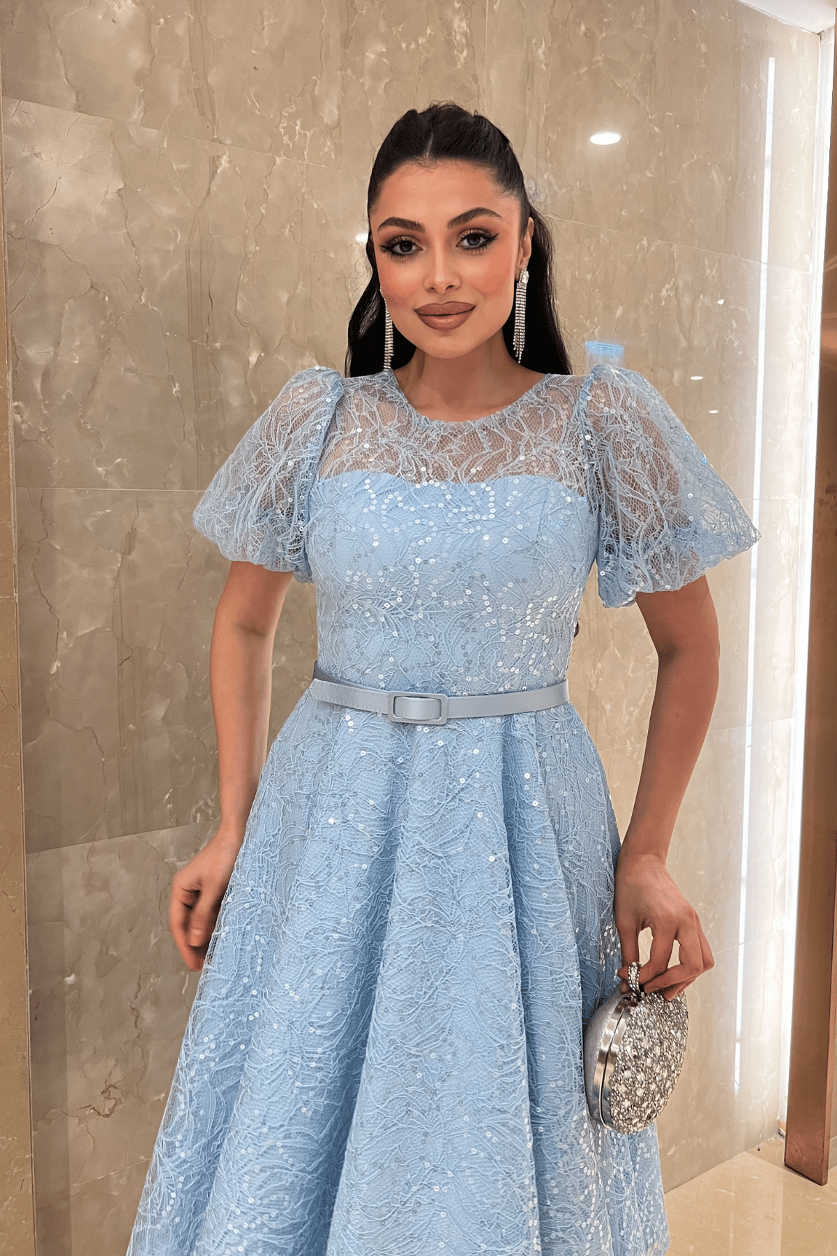 Pul Payet Kumaş Balon Kol Midi Elbise - BEBE MAVİSİ