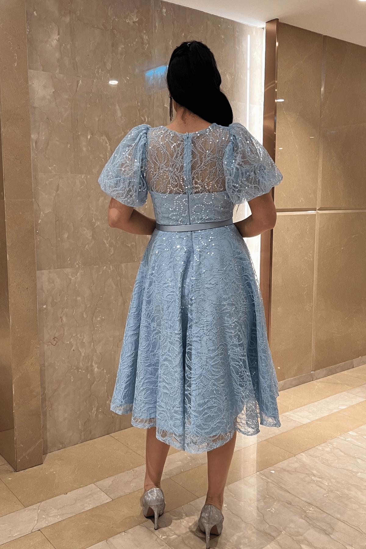 Pul Payet Kumaş Balon Kol Midi Elbise - BEBE MAVİSİ