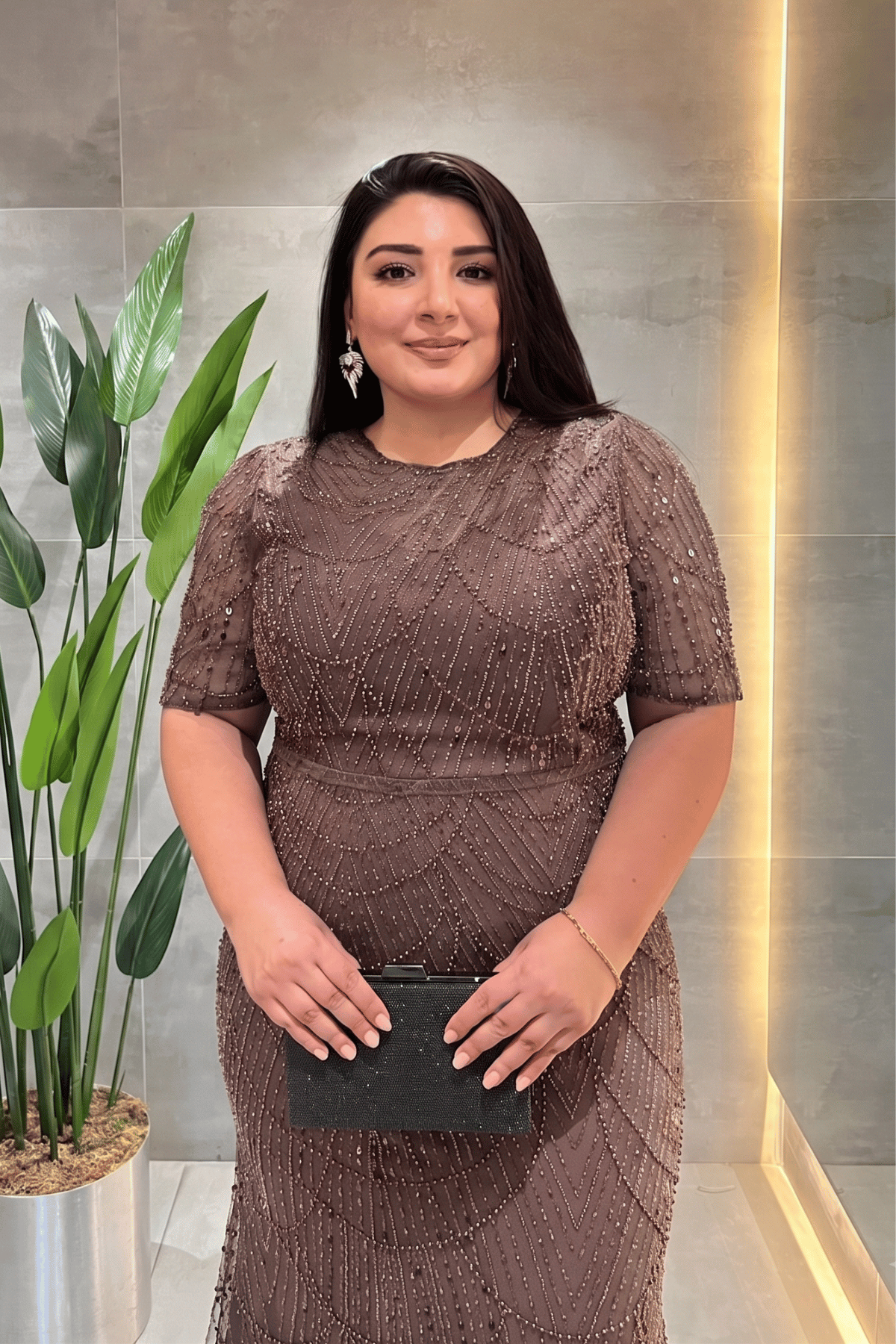 Pul Payet Kumaş Degaje Yaka Abiye Elbise - AÇIK KAHVE