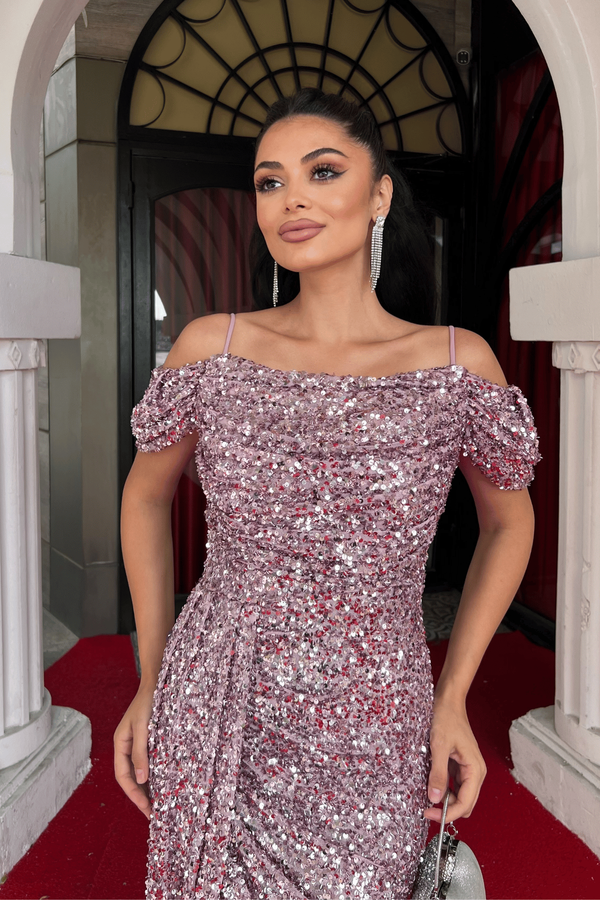 Pul Payet Kumaş Degaje Yaka Abiye Elbise - PEMBE