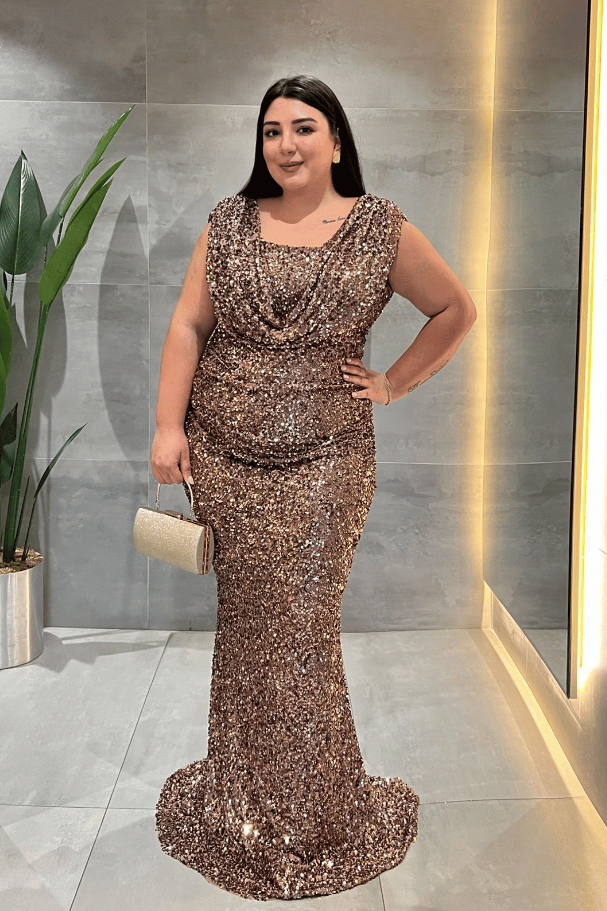 Pul Payet Kumaş Degaje Yaka Abiye Elbise - KAHVERENGİ