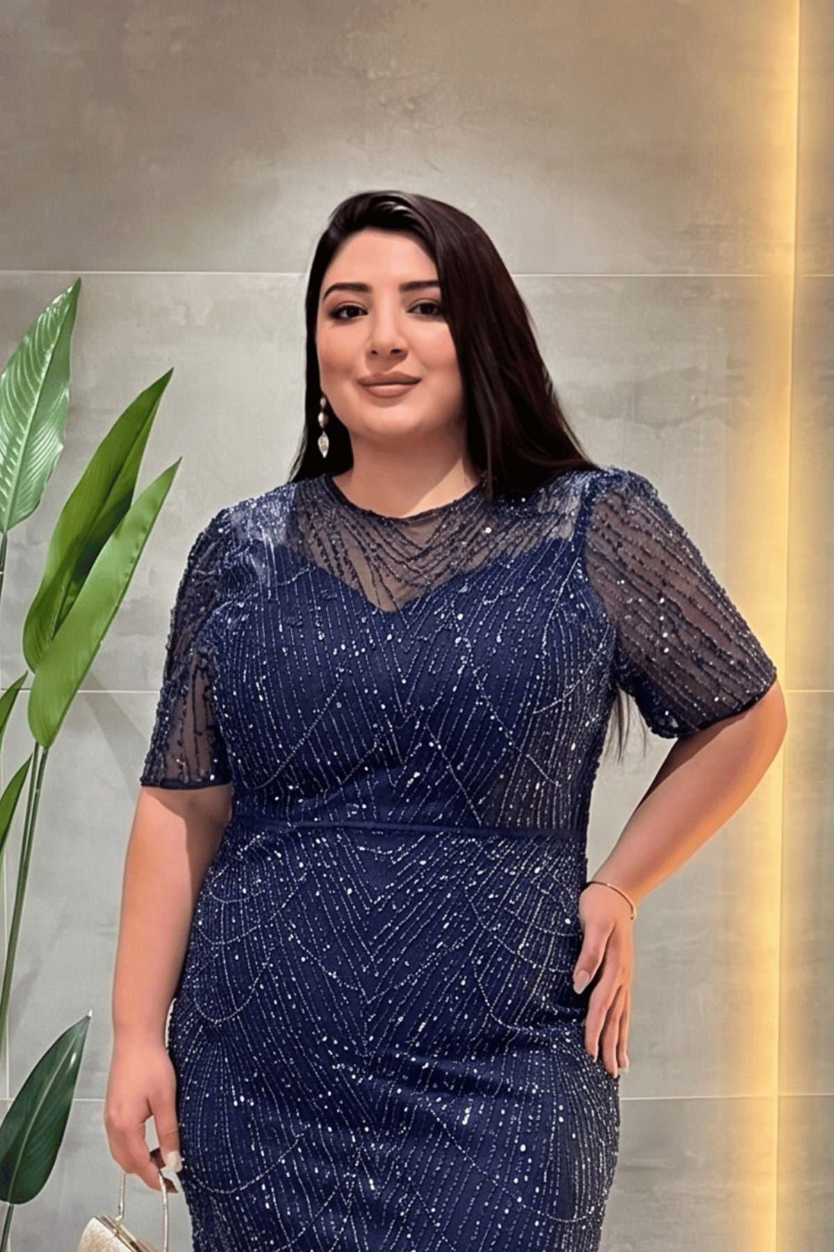 Pul Payet Kumaş Degaje Yaka Abiye Elbise - LACİVERT