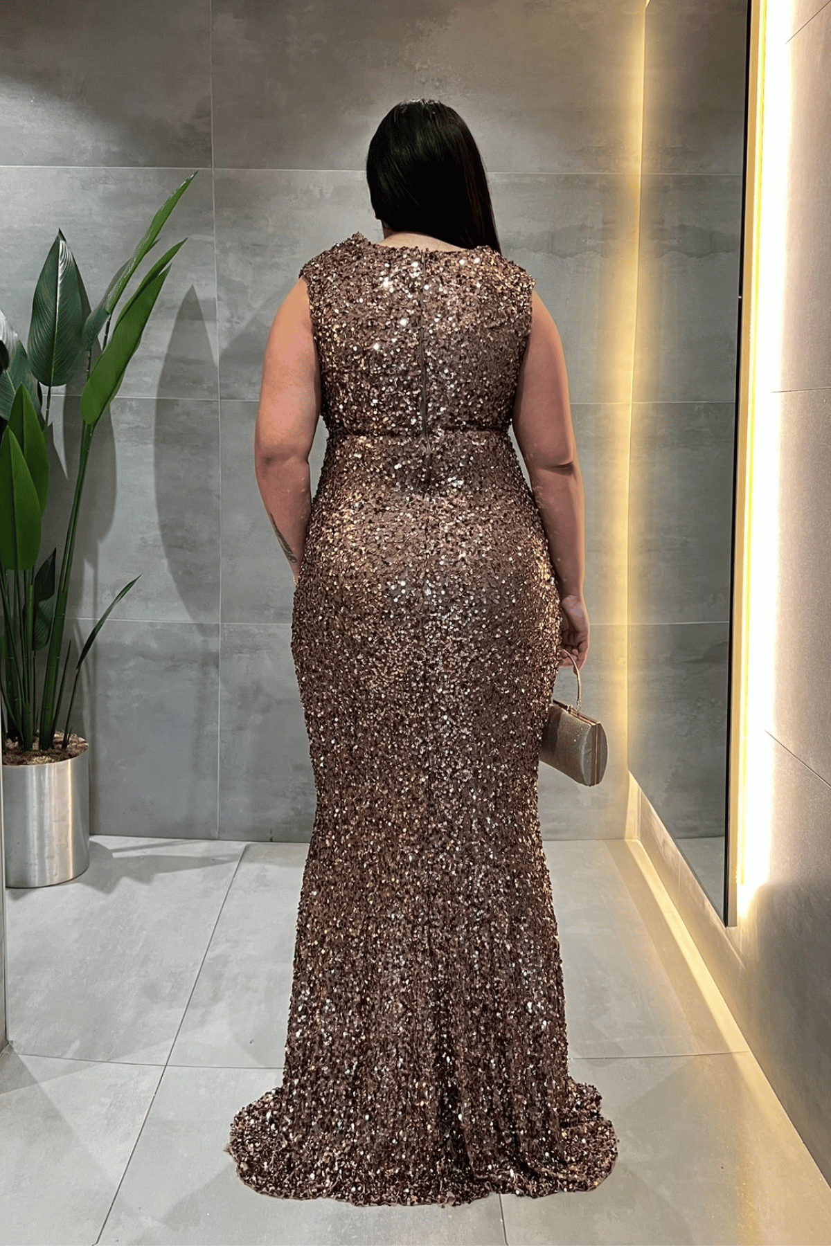 Pul Payet Kumaş Degaje Yaka Abiye Elbise - KAHVERENGİ