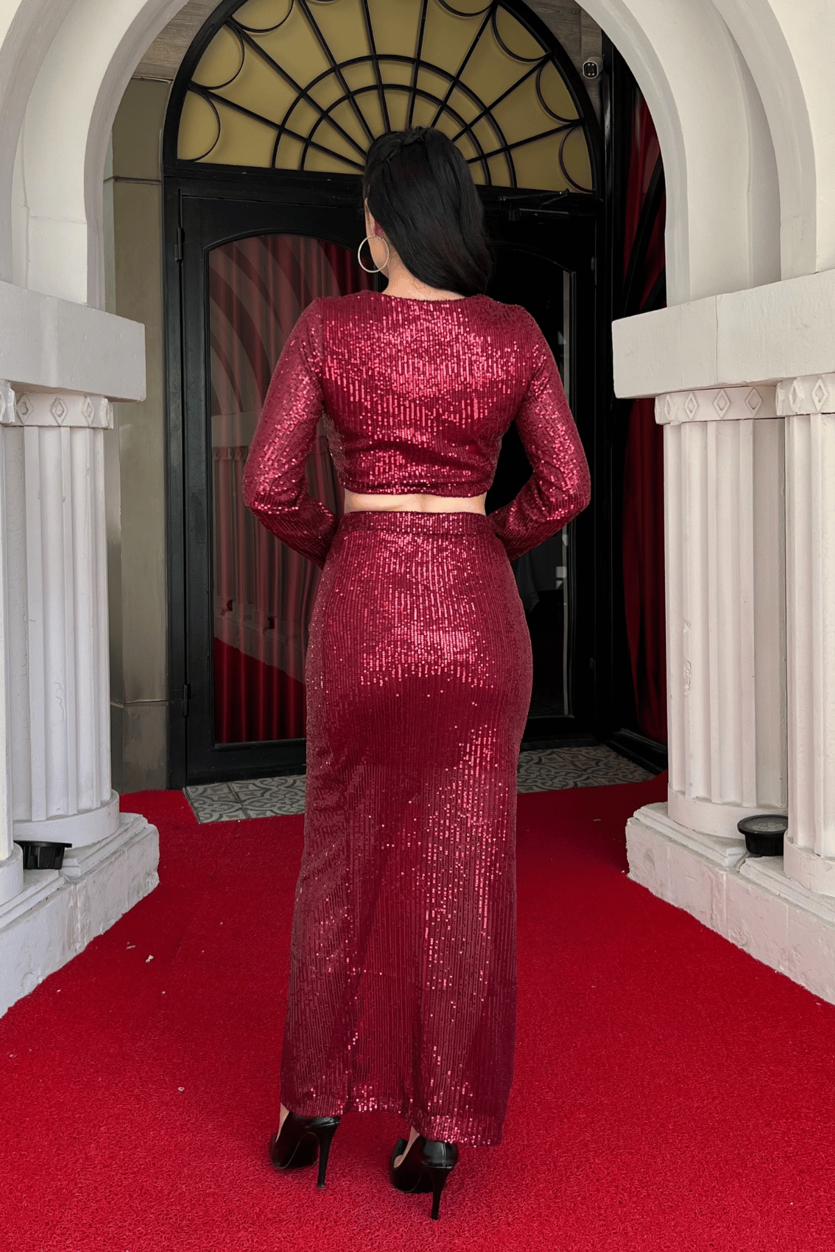 Pul Payet Kumaş Etek Büstiyer Takım - BORDO