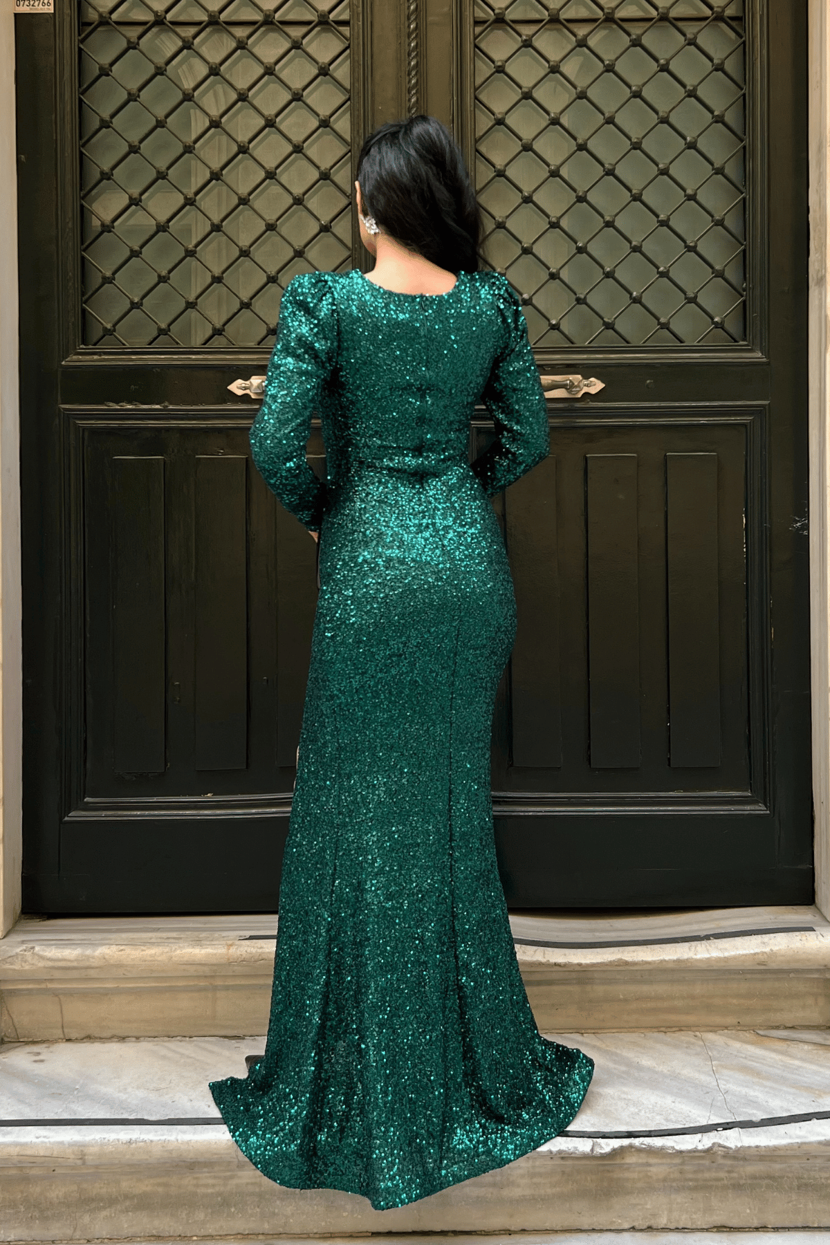 Pul Payet Kumaş Kruvaze Yaka Balık Elbise - ZÜMRÜT YEŞİL