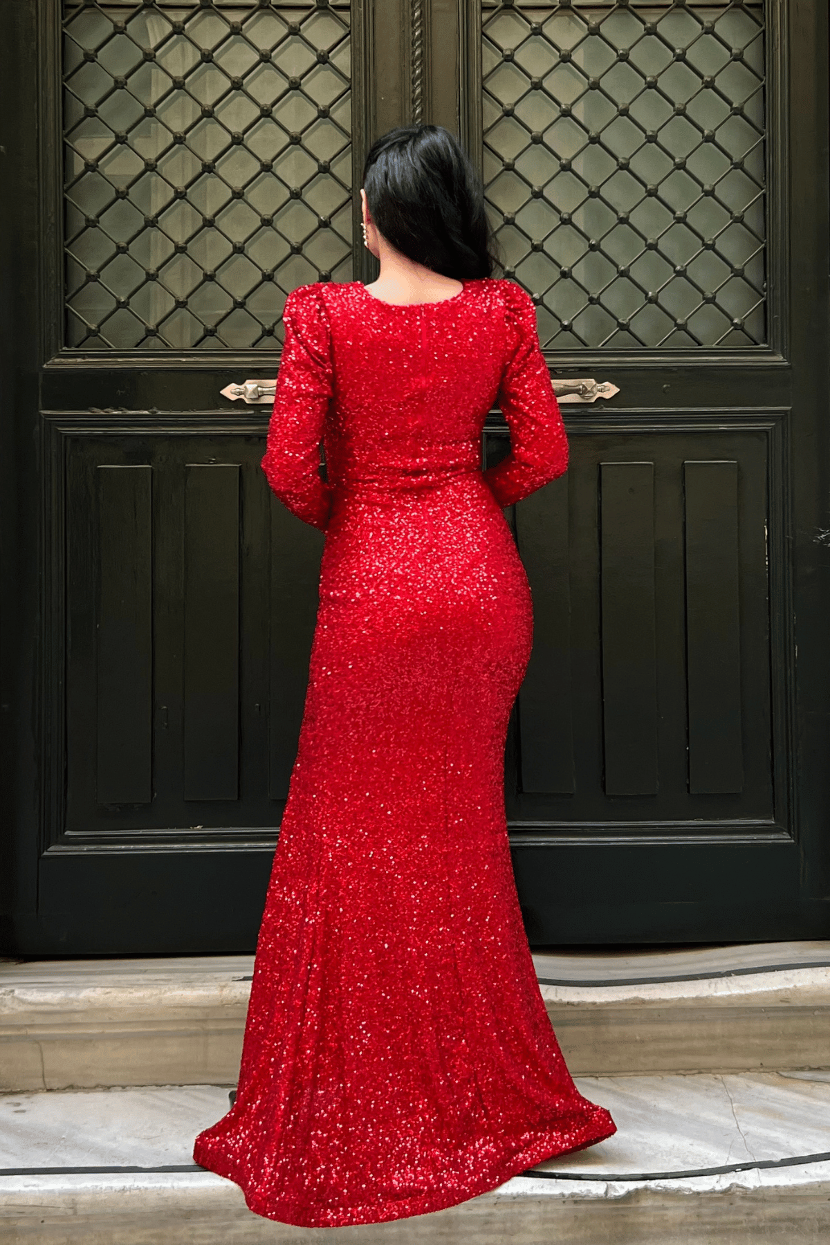 Pul Payet Kumaş Kruvaze Yaka Balık Elbise - KIRMIZI