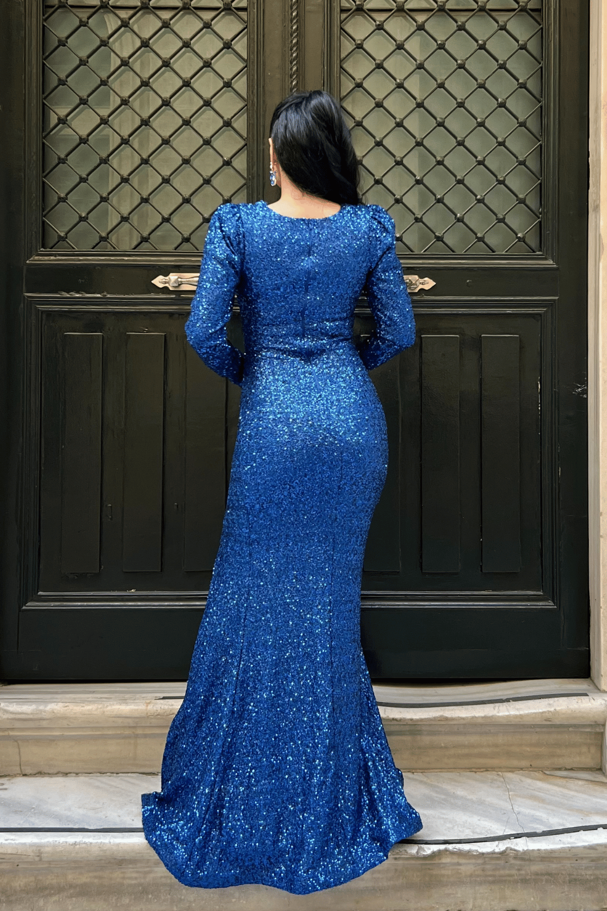 Pul Payet Kumaş Kruvaze Yaka Balık Elbise - SAKS MAVİ