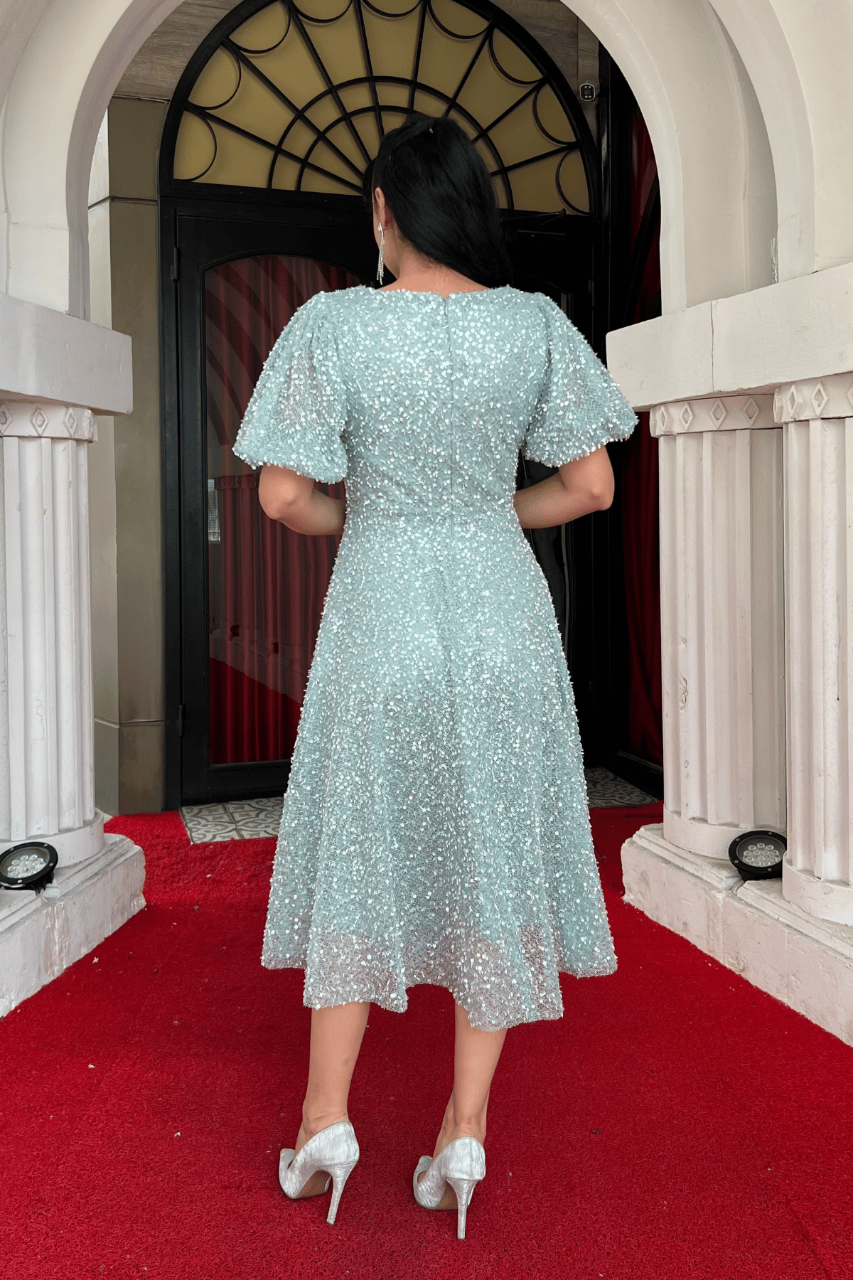 Pul Payet Kumaş Midi Boy Elbise - MİNT YEŞİLİ