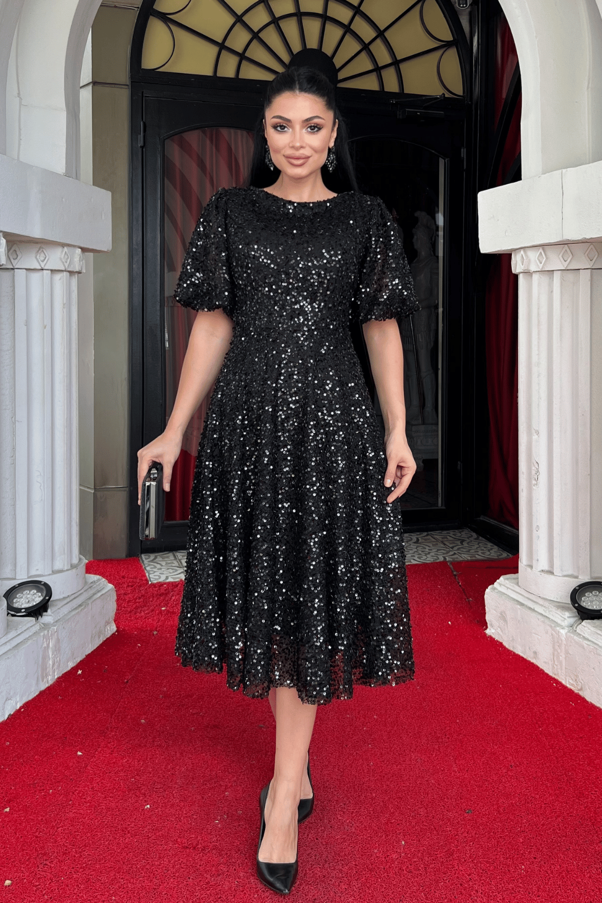 Pul Payet Kumaş Midi Boy Elbise - SİYAH