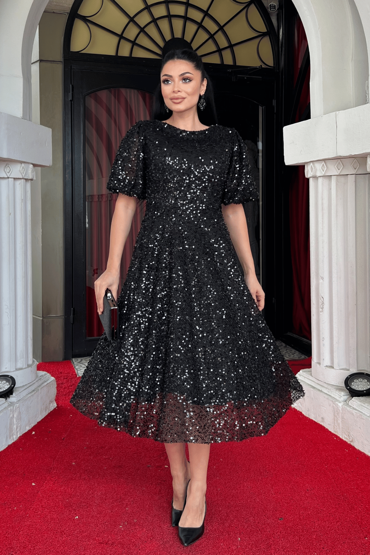 Pul Payet Kumaş Midi Boy Elbise - SİYAH