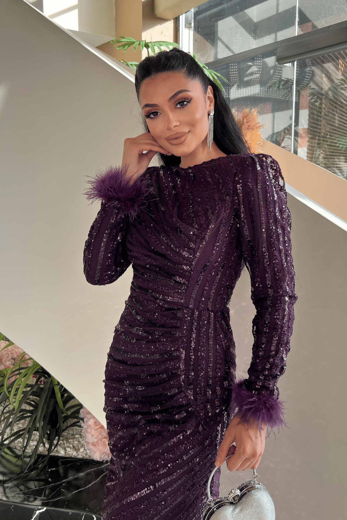 Pul Payet Kumaş Tesettür Abiye Elbise - PATLICAN MOR