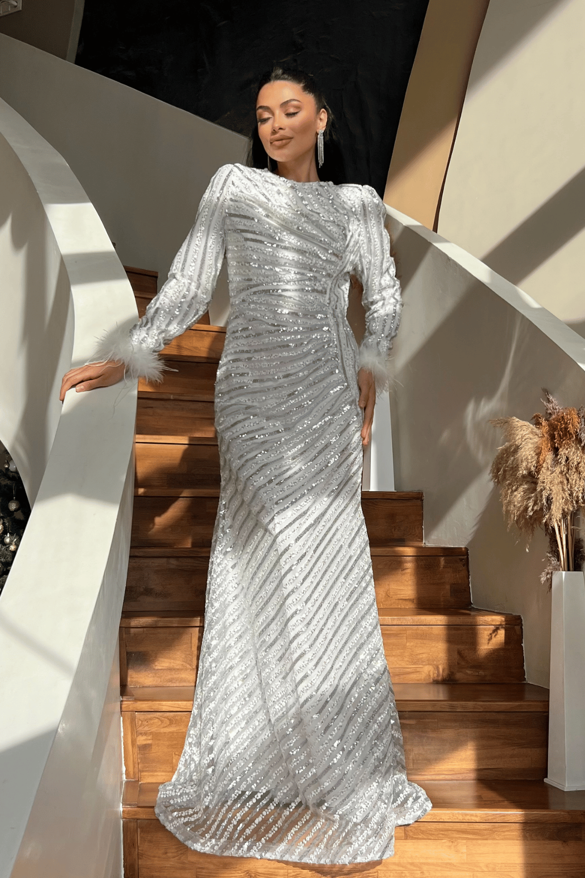 Pul Payet Kumaş Tesettür Abiye Elbise - BEYAZ