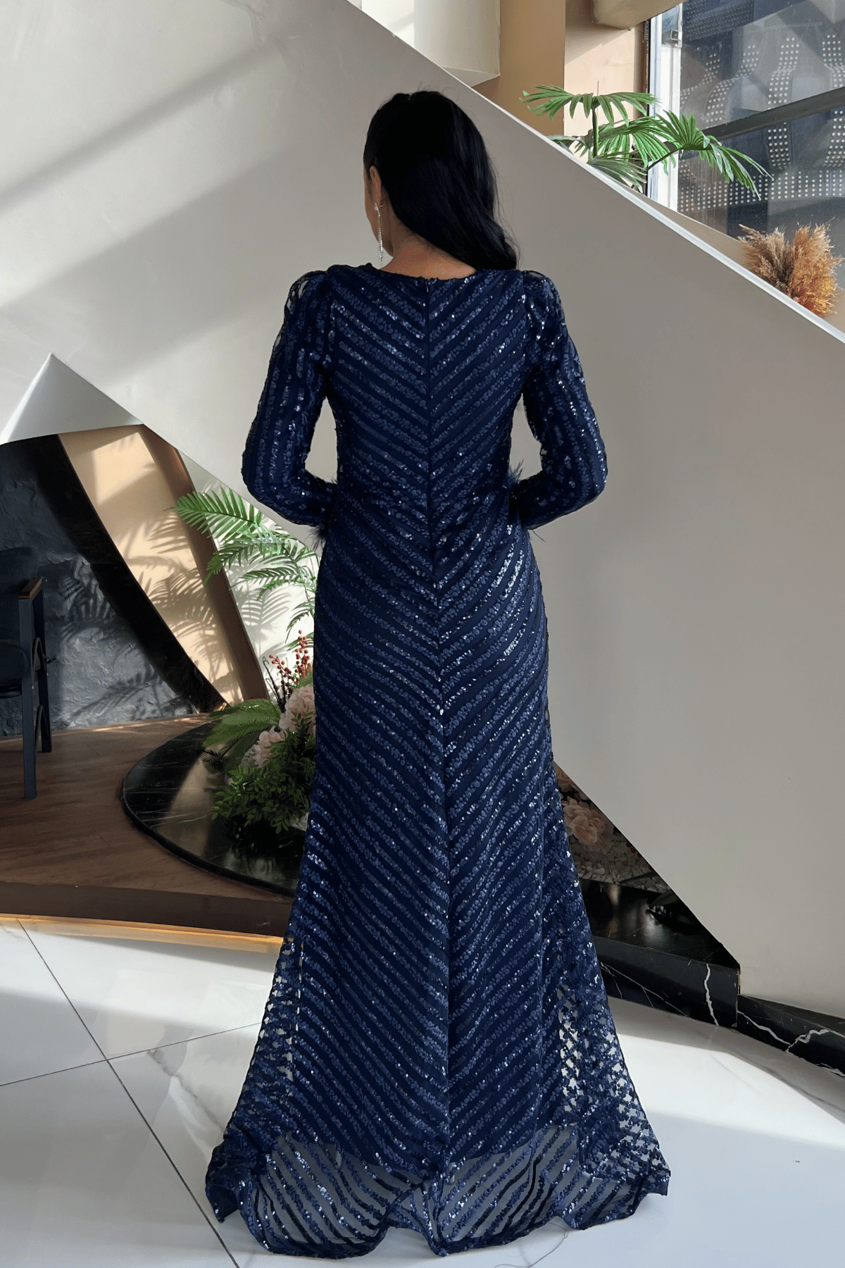 Pul Payet Kumaş Tesettür Abiye Elbise - LACİVERT