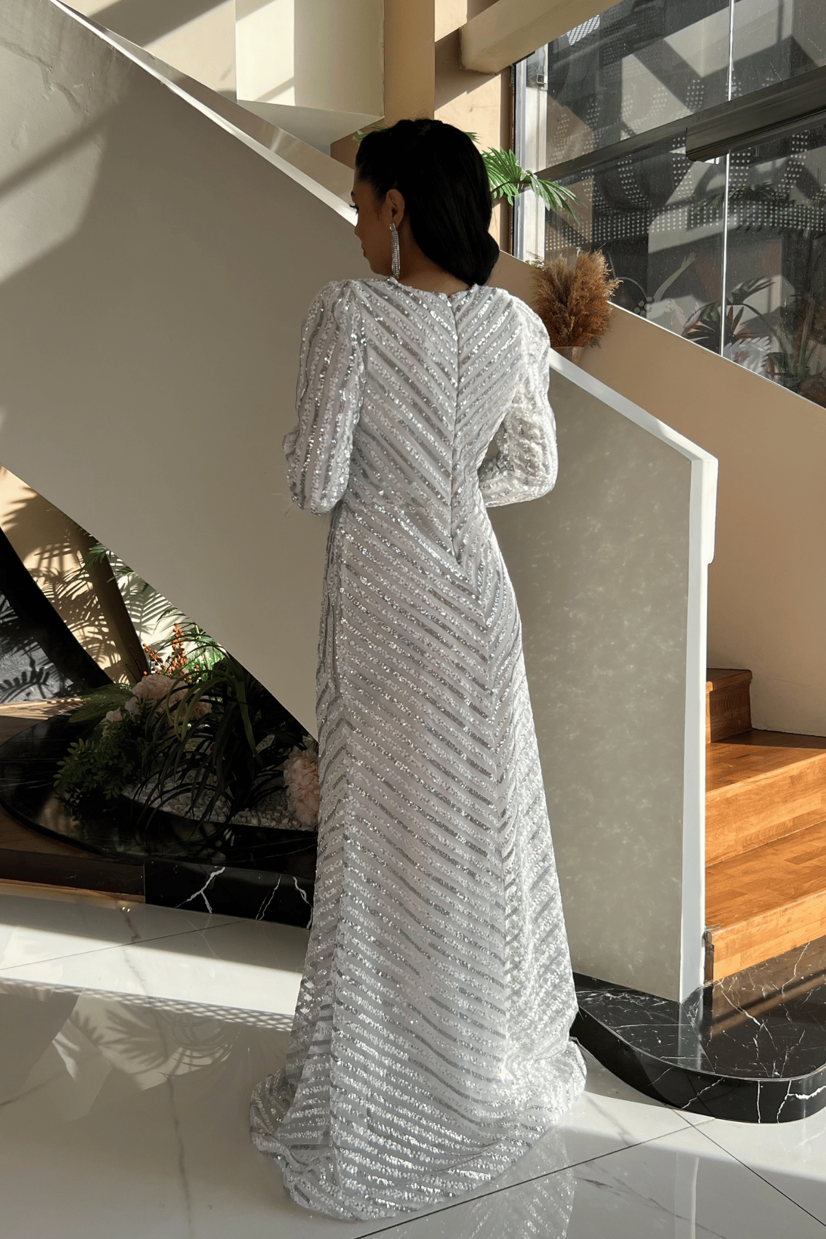 Pul Payet Kumaş Tesettür Abiye Elbise - BEYAZ