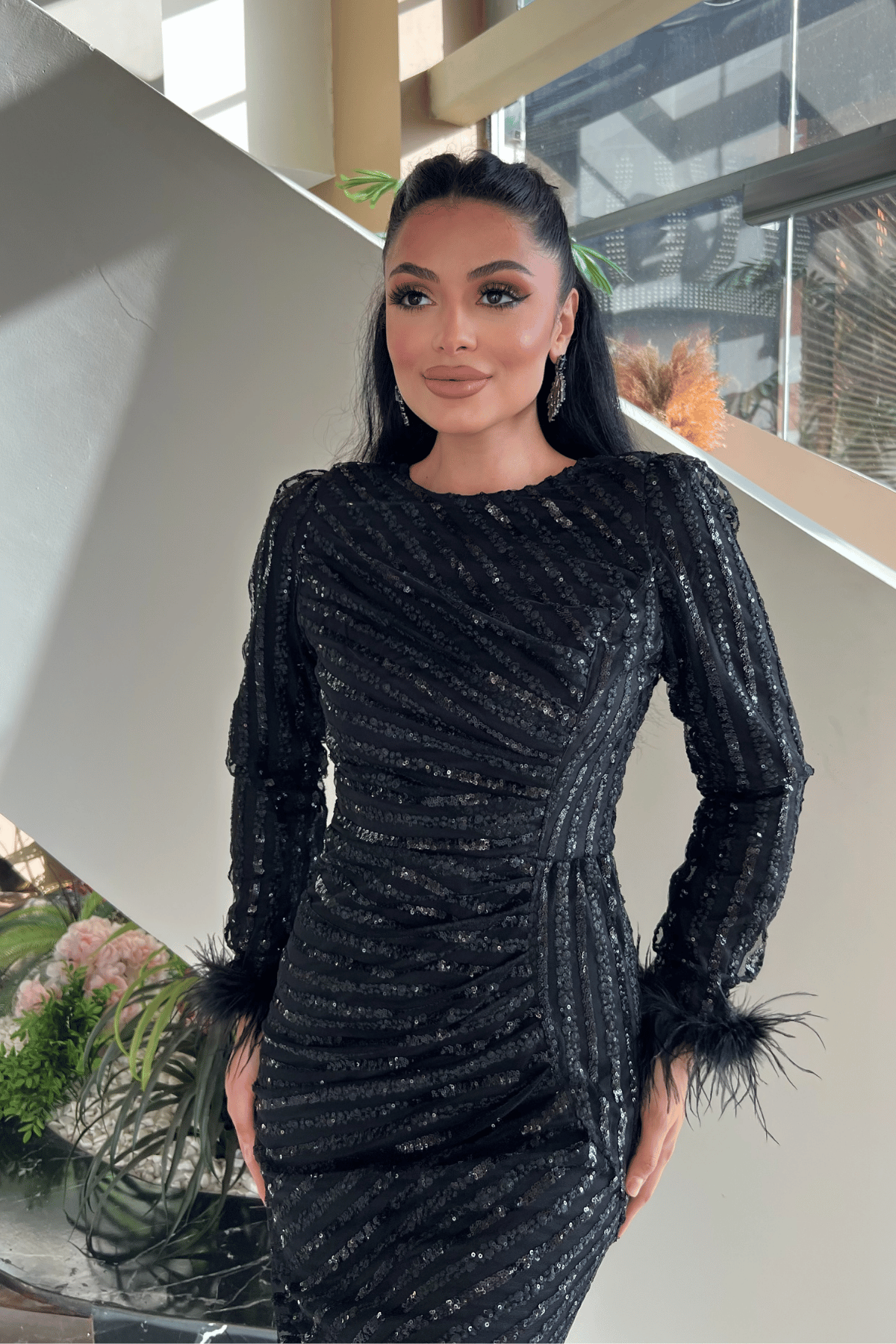 Pul Payet Kumaş Tesettür Abiye Elbise - SİYAH