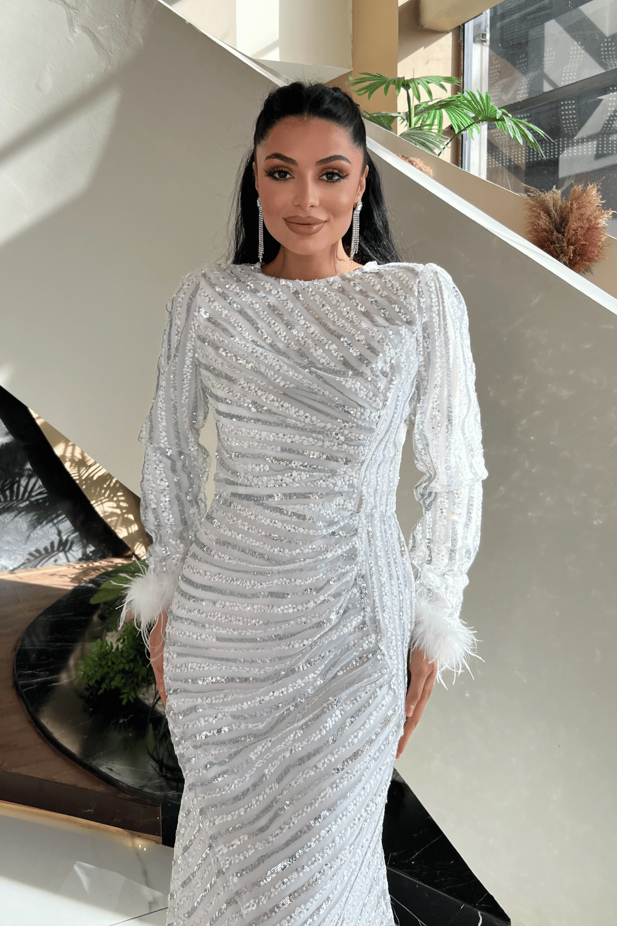 Pul Payet Kumaş Tesettür Abiye Elbise - BEYAZ