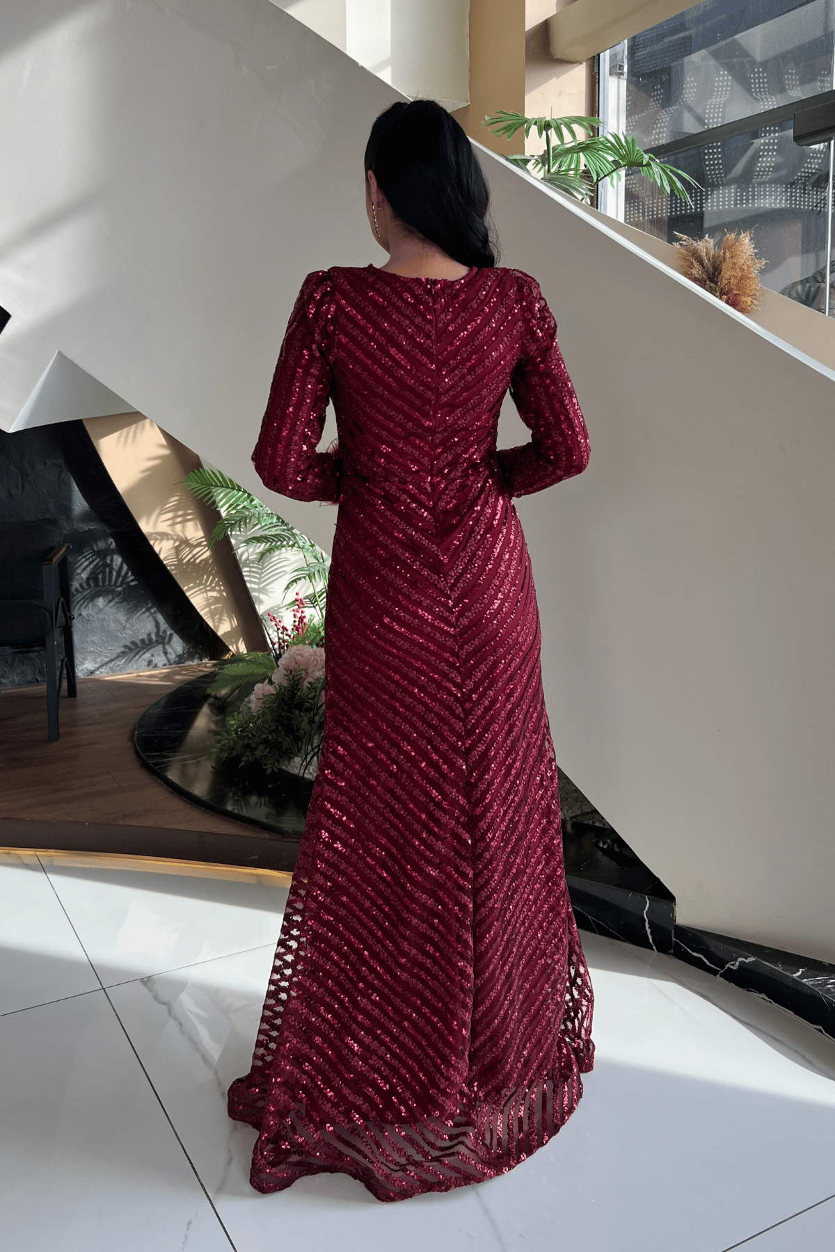 Pul Payet Kumaş Tesettür Abiye Elbise - BORDO
