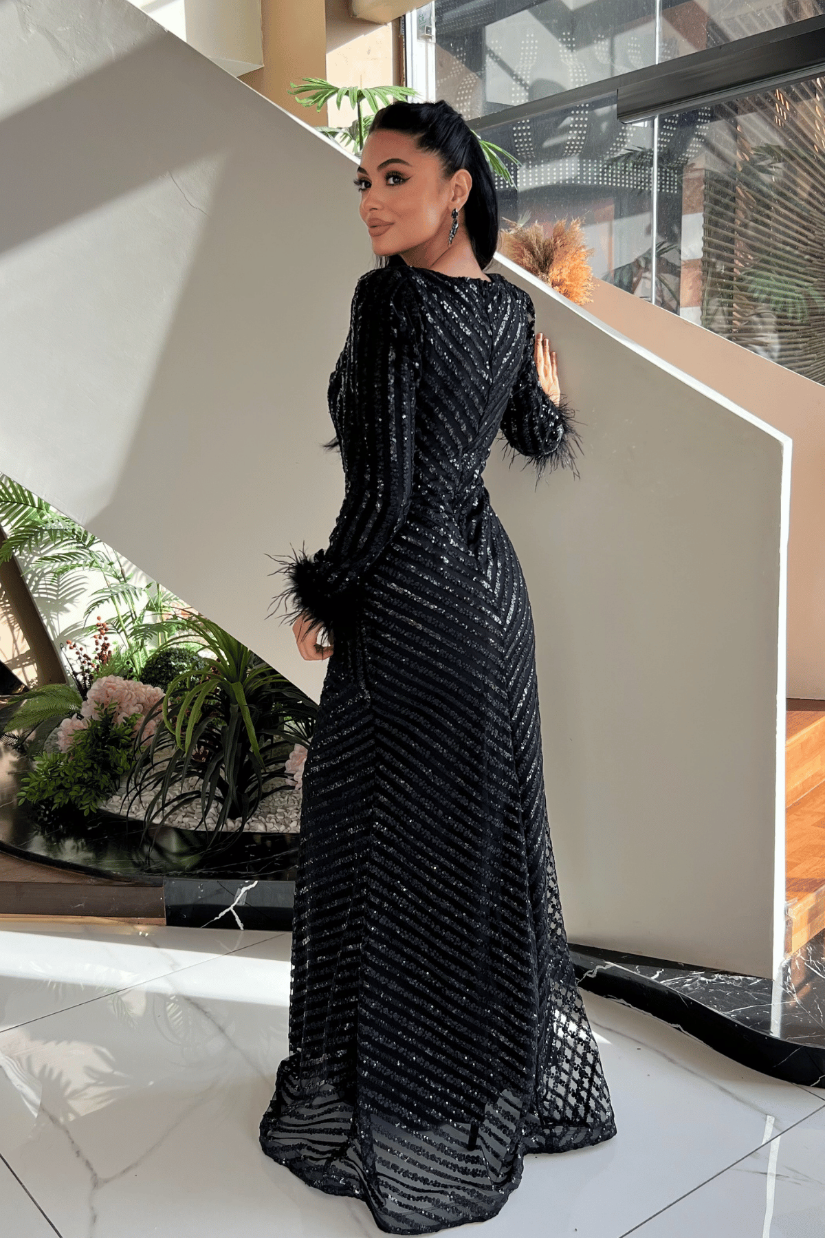 Pul Payet Kumaş Tesettür Abiye Elbise - SİYAH