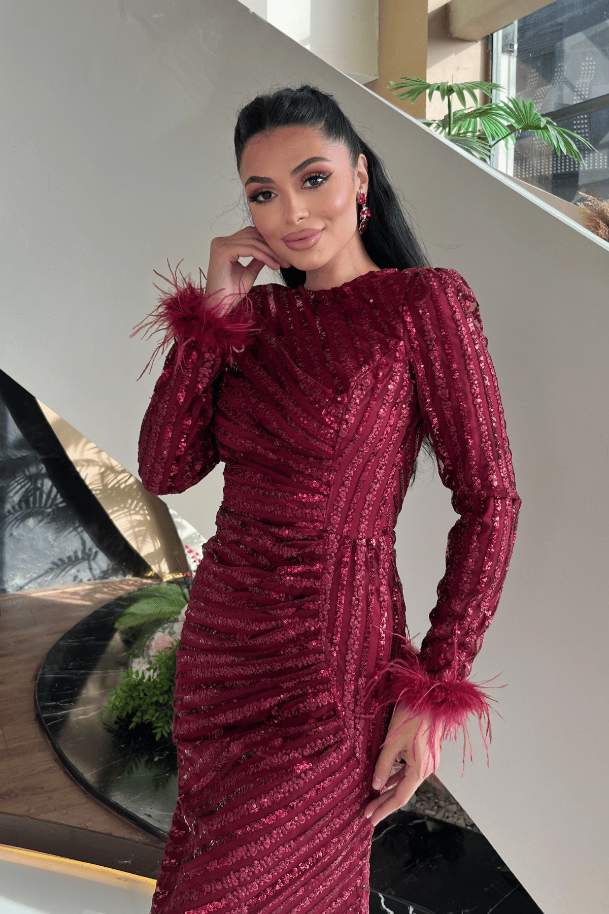 Pul Payet Kumaş Tesettür Abiye Elbise - BORDO