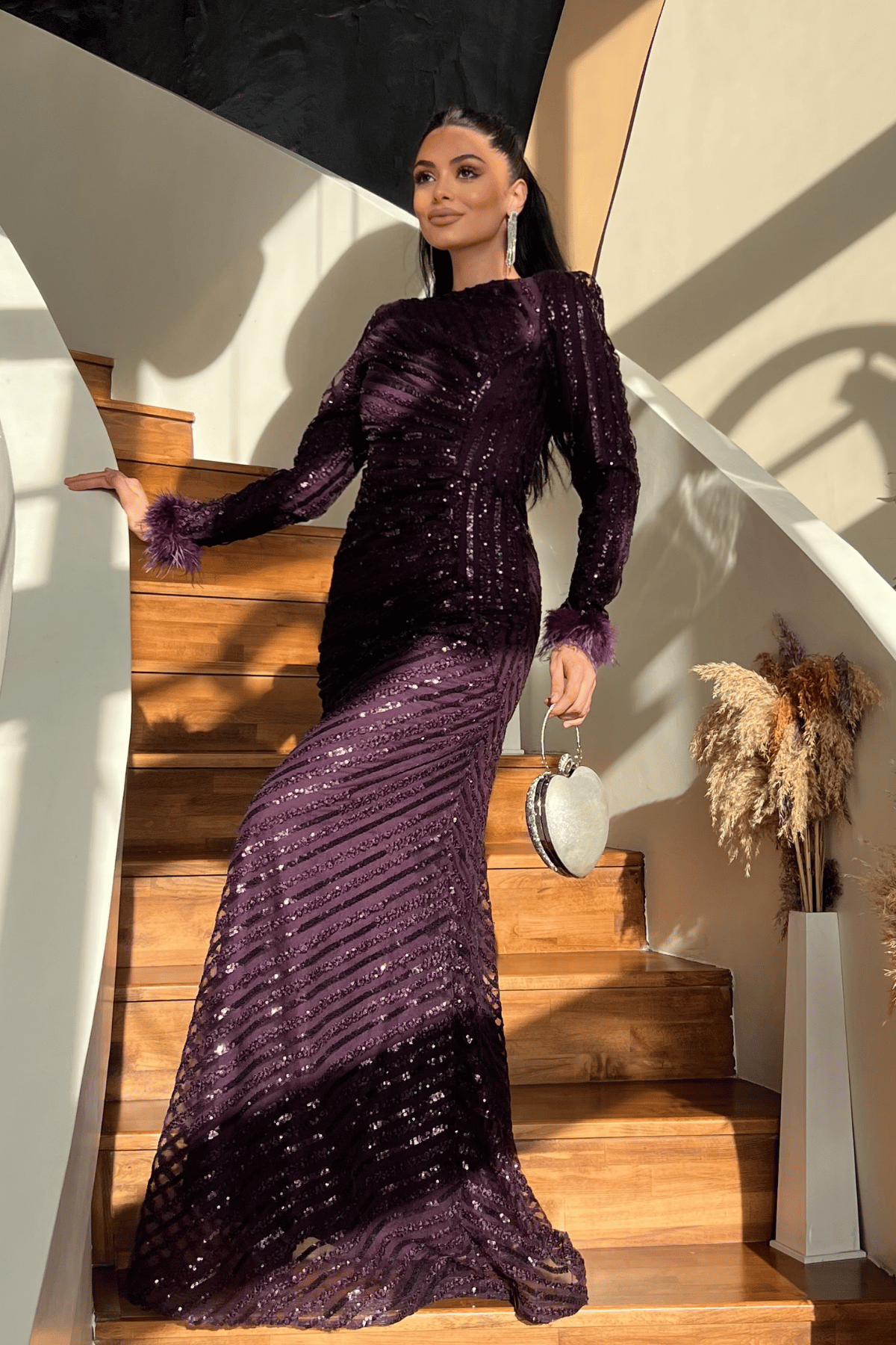 Pul Payet Kumaş Tesettür Abiye Elbise - PATLICAN MOR