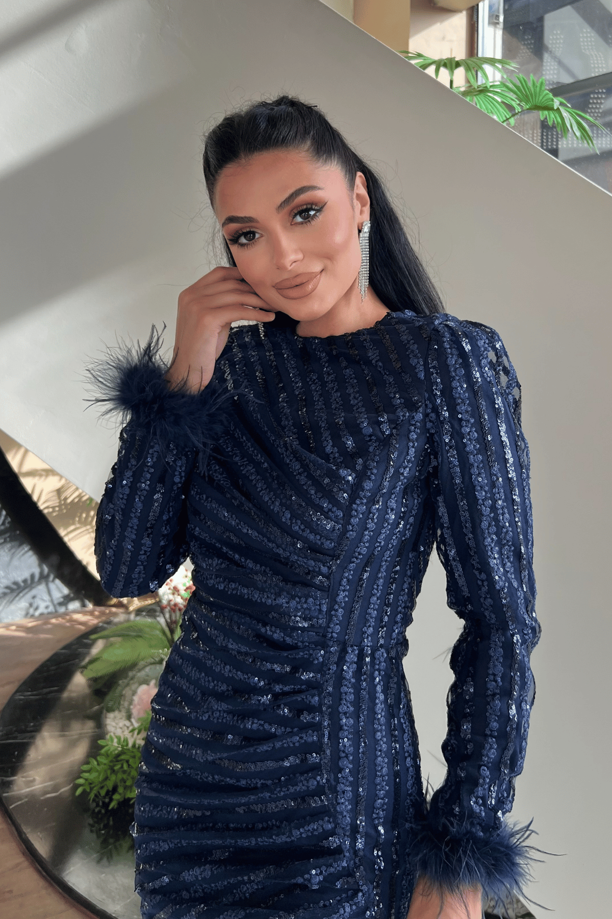 Pul Payet Kumaş Tesettür Abiye Elbise - LACİVERT