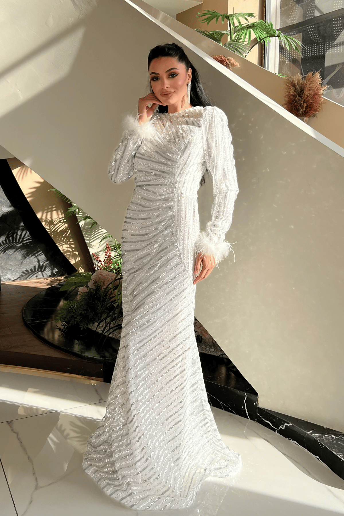 Pul Payet Kumaş Tesettür Abiye Elbise - BEYAZ