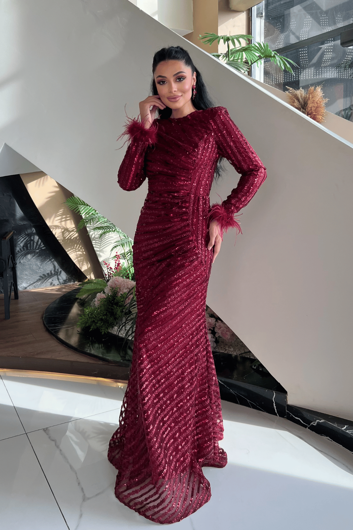 Pul Payet Kumaş Tesettür Abiye Elbise - BORDO