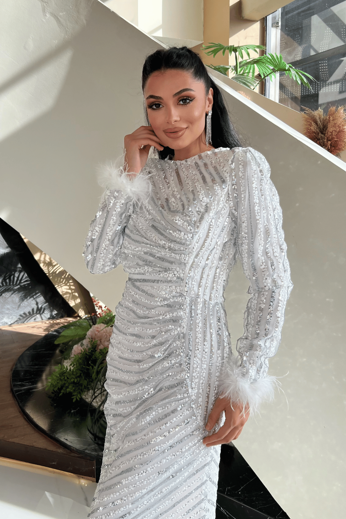 Pul Payet Kumaş Tesettür Abiye Elbise - BEYAZ