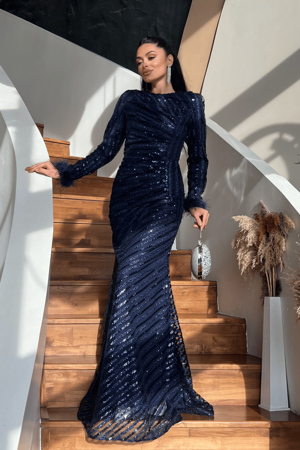 Pul Payet Kumaş Tesettür Abiye Elbise - LACİVERT