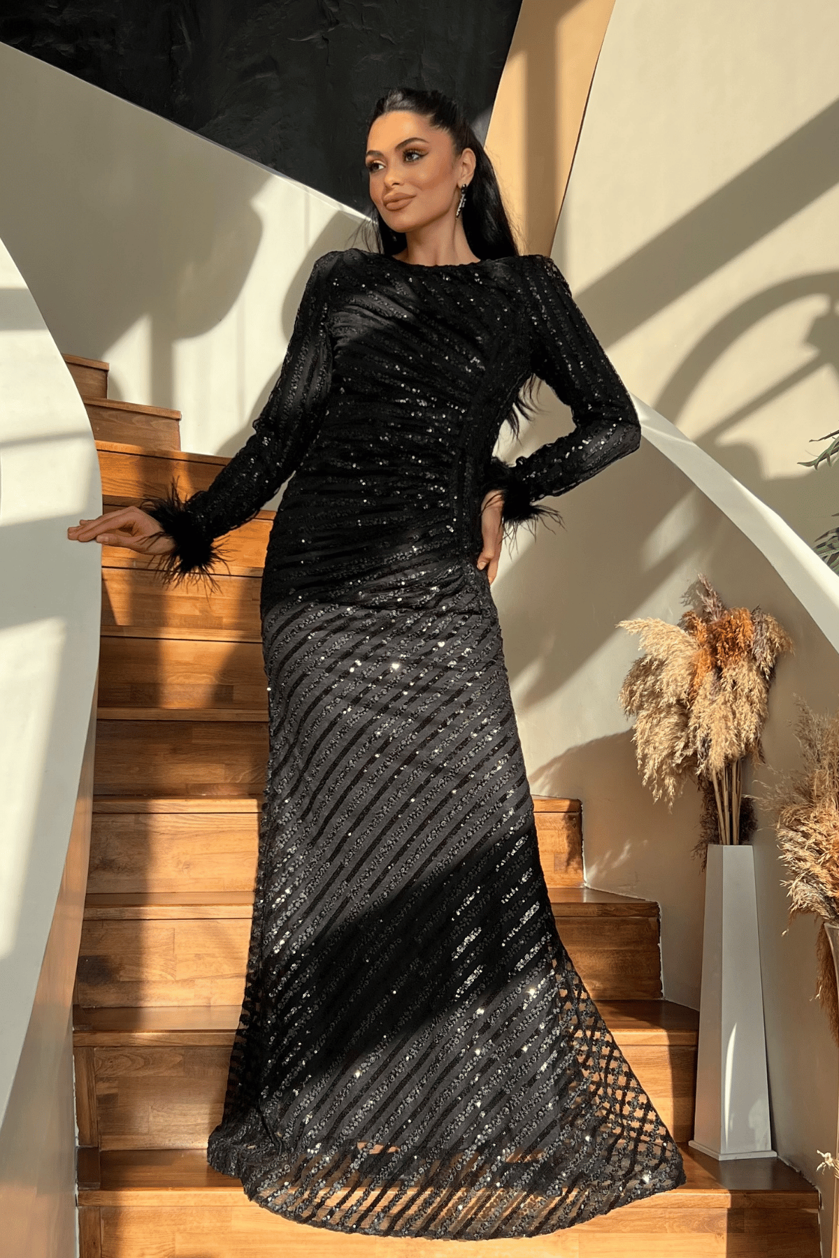 Pul Payet Kumaş Tesettür Abiye Elbise - SİYAH