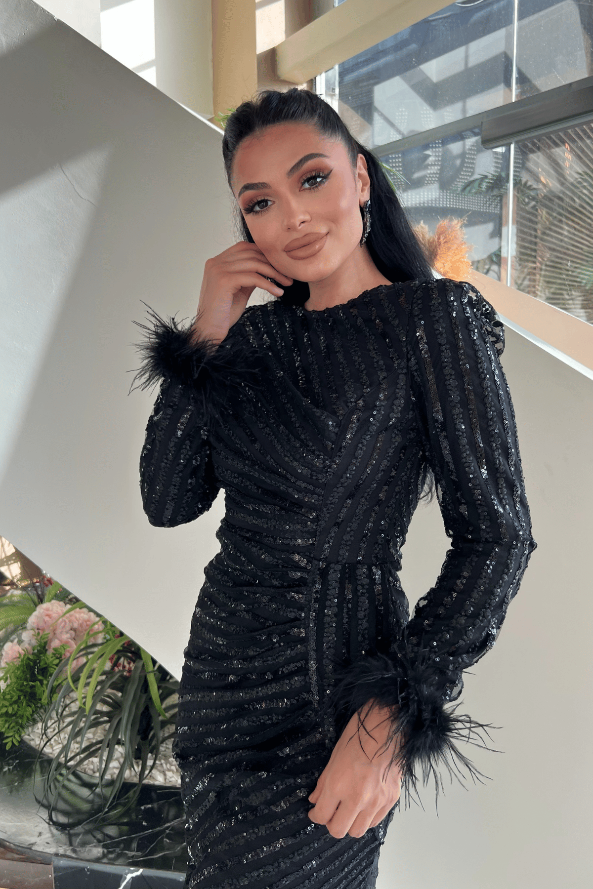 Pul Payet Kumaş Tesettür Abiye Elbise - SİYAH