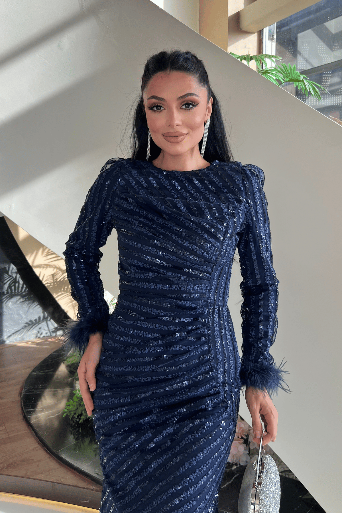 Pul Payet Kumaş Tesettür Abiye Elbise - LACİVERT