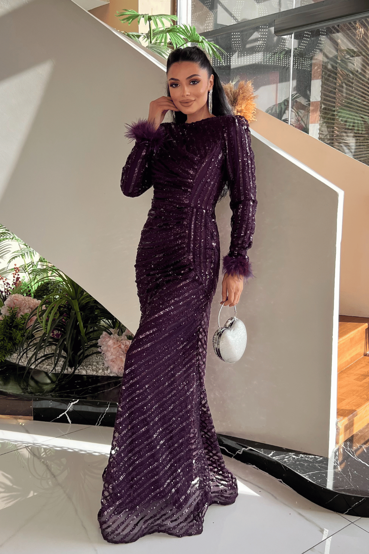 Pul Payet Kumaş Tesettür Abiye Elbise - PATLICAN MOR