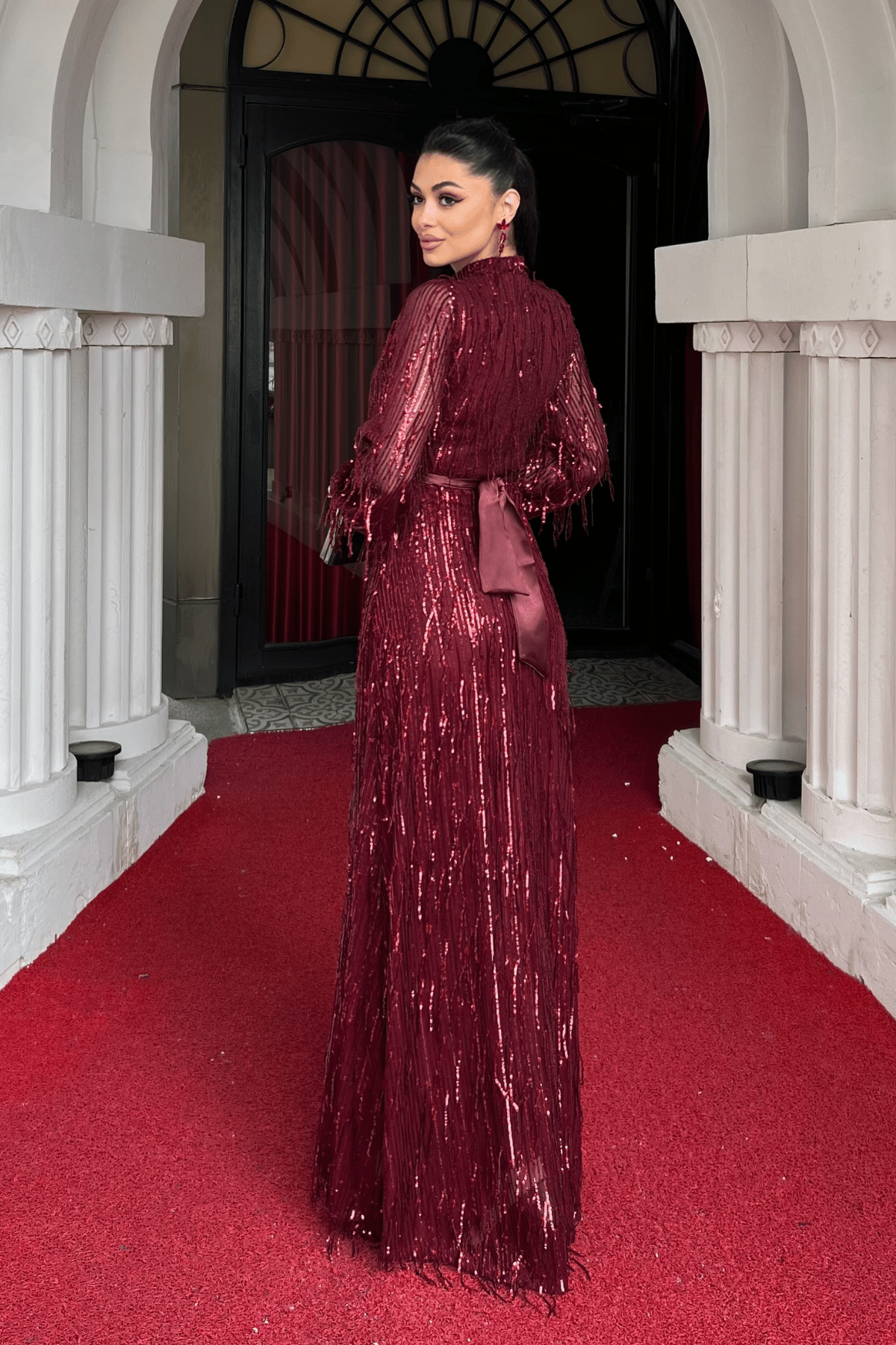 Saçaklı Pul Payet Kumaş Uzun Abiye - BORDO